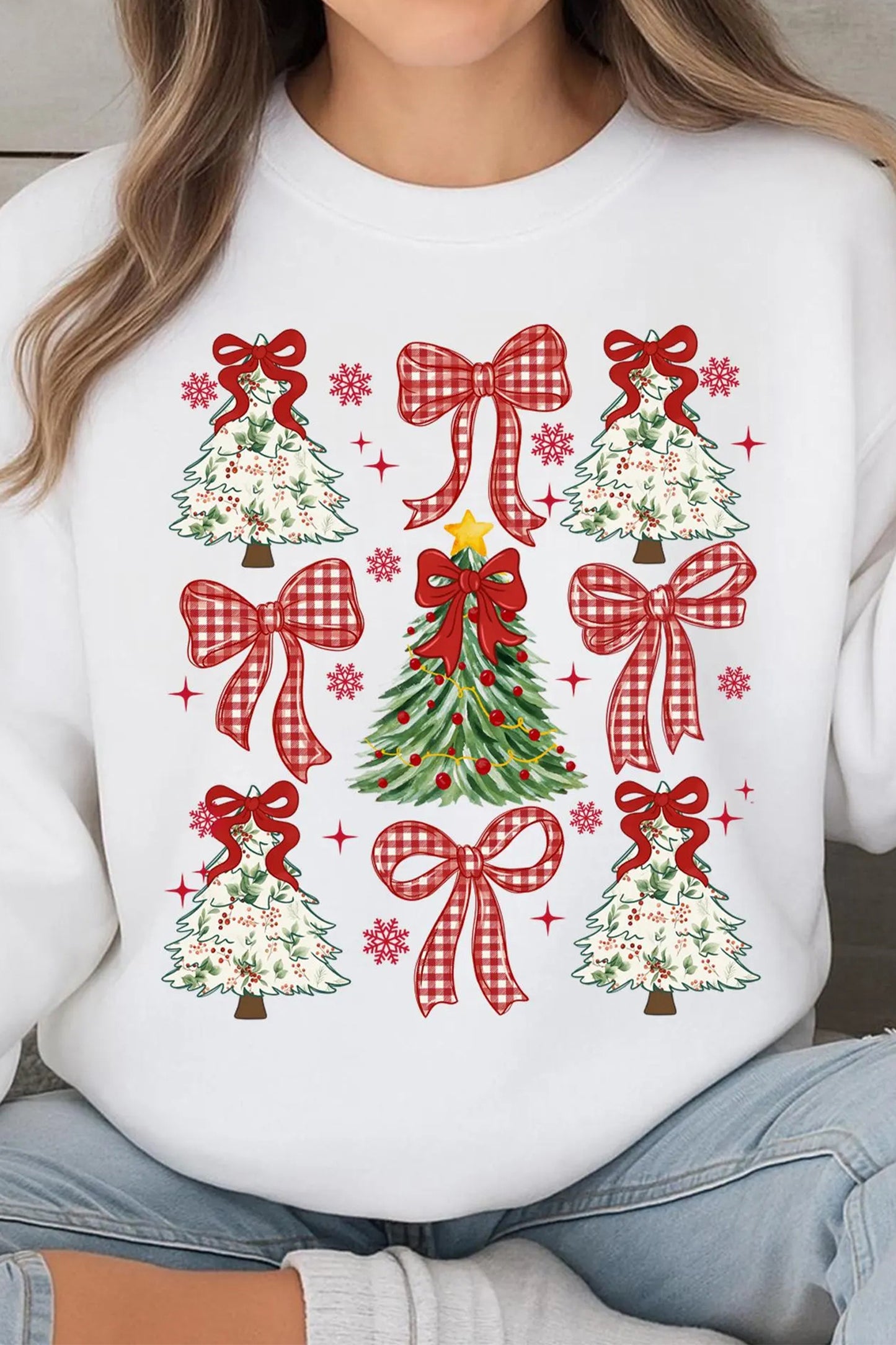 White Christmas Tree Ribbon Bow Printed Drop Shoulder Sweatshirt-Graphic/Graphic Sweatshirts-[Adult]-[Female]-2022 Online Blue Zone Planet