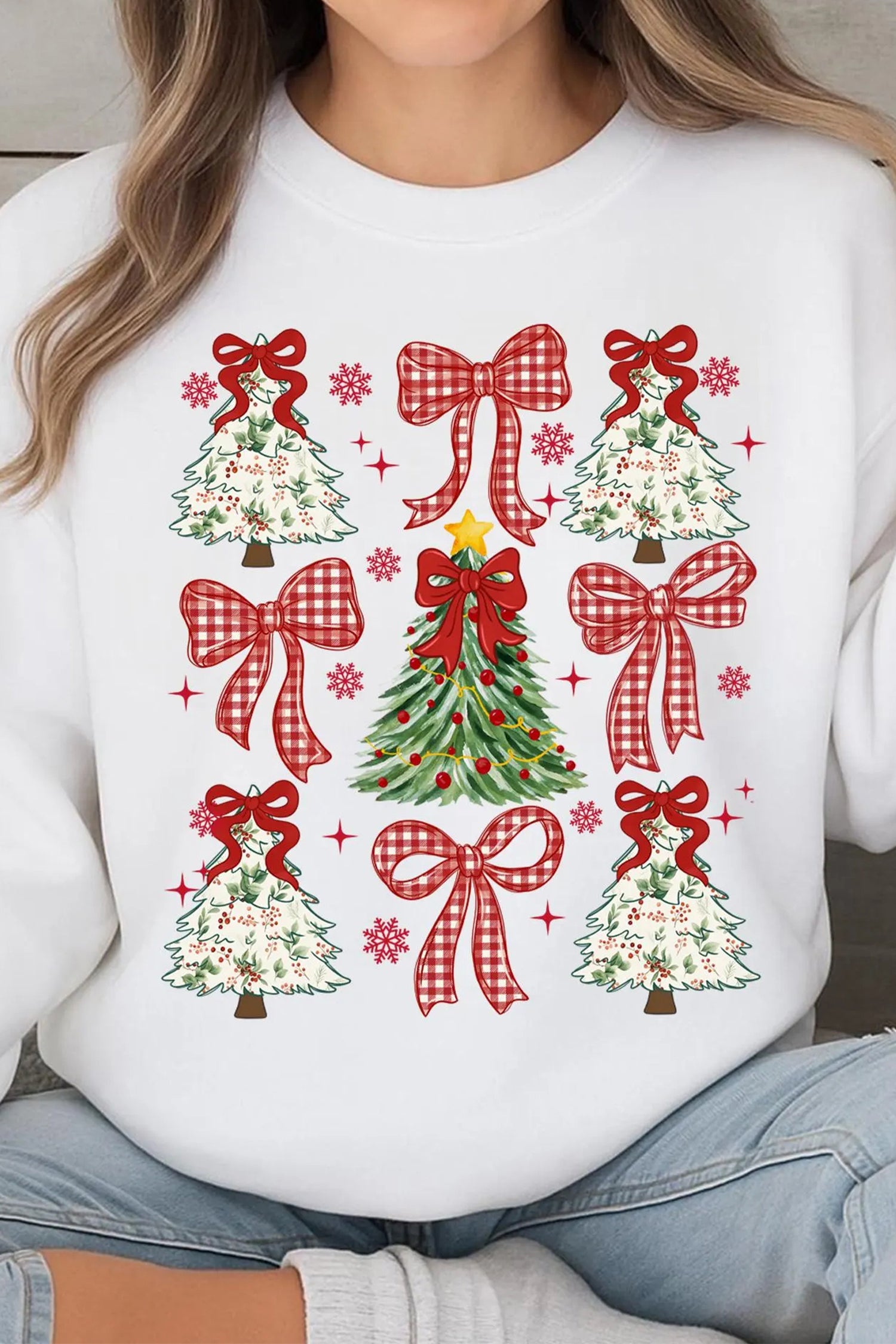 White Christmas Tree Ribbon Bow Printed Drop Shoulder Sweatshirt-Graphic/Graphic Sweatshirts-[Adult]-[Female]-2022 Online Blue Zone Planet