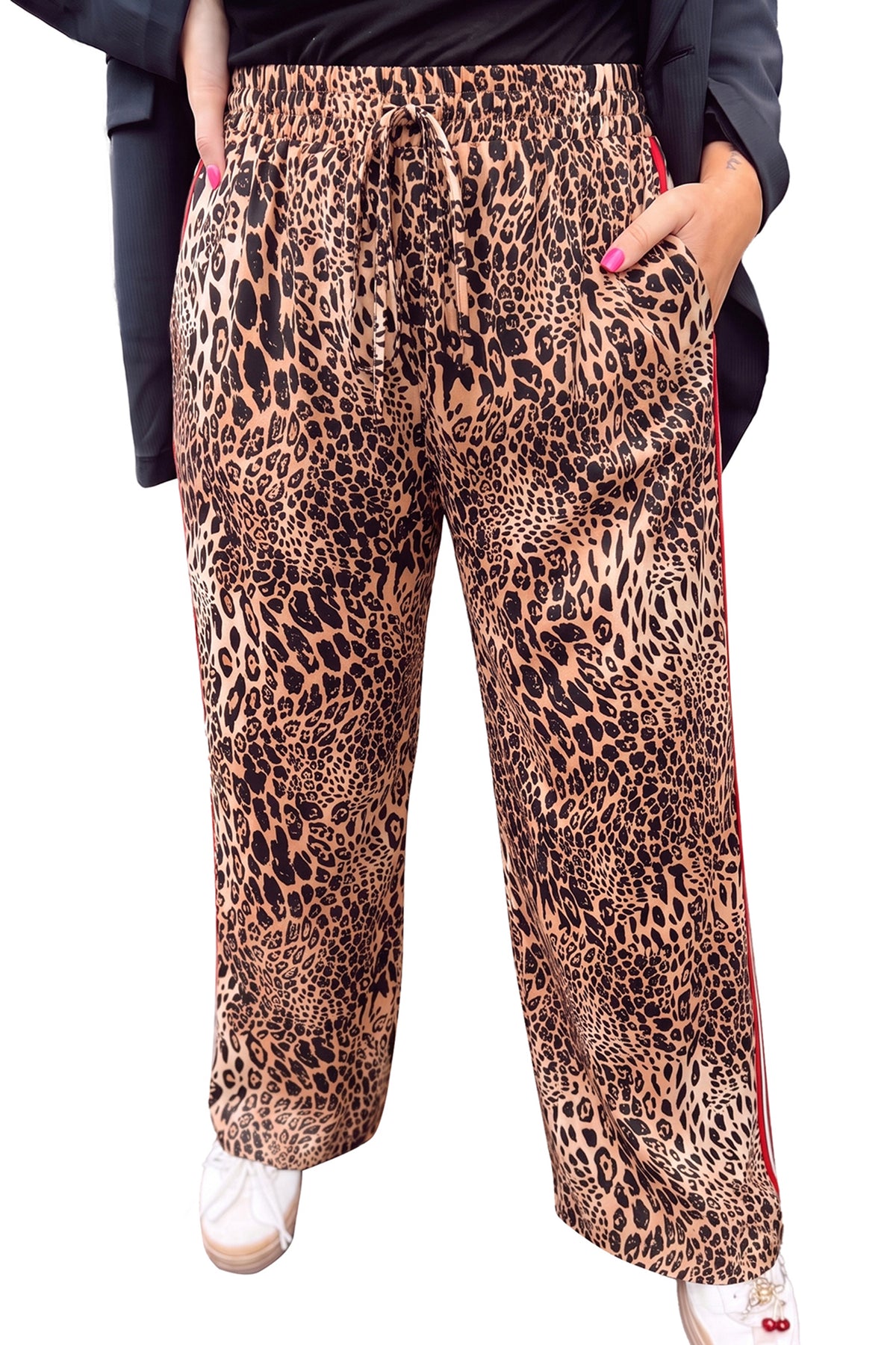 Khaki Leopard Print Colorblock Side Stripes Wide Leg Full Length Plus Size Pants-Plus Size/Plus Size Bottoms-[Adult]-[Female]-2022 Online Blue Zone Planet