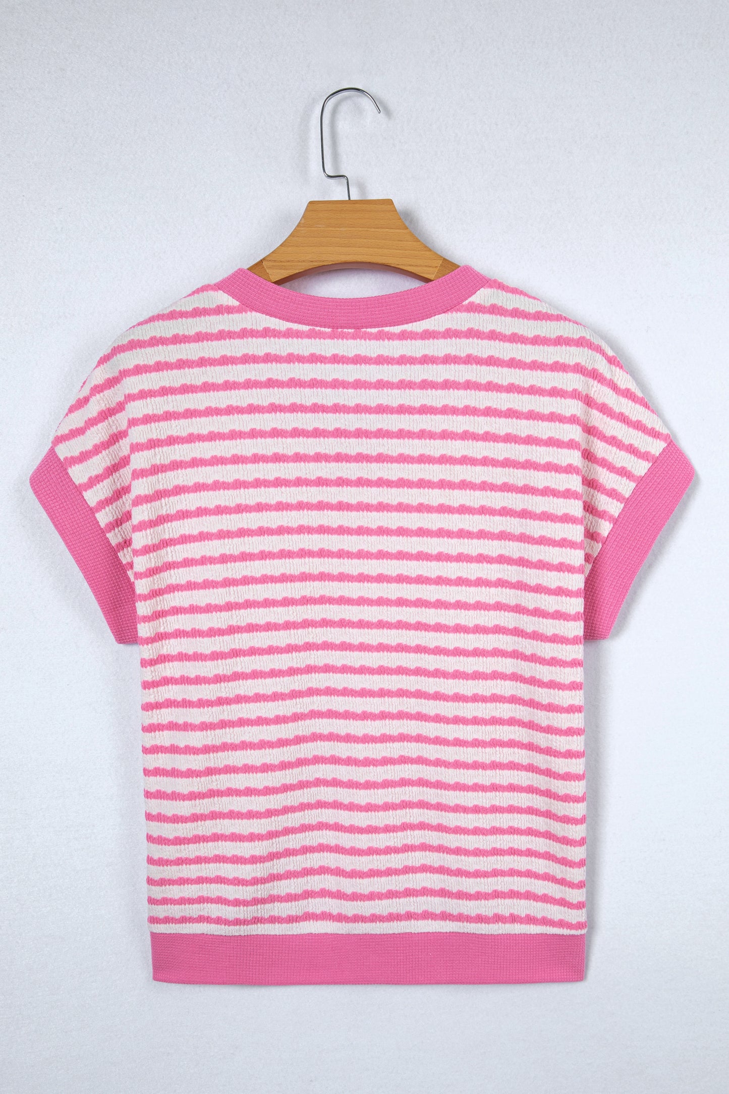 Pink Stripe Textured Knit Contrast Trim V Neck Short Sleeve Top-Tops/Tops & Tees-[Adult]-[Female]-2022 Online Blue Zone Planet