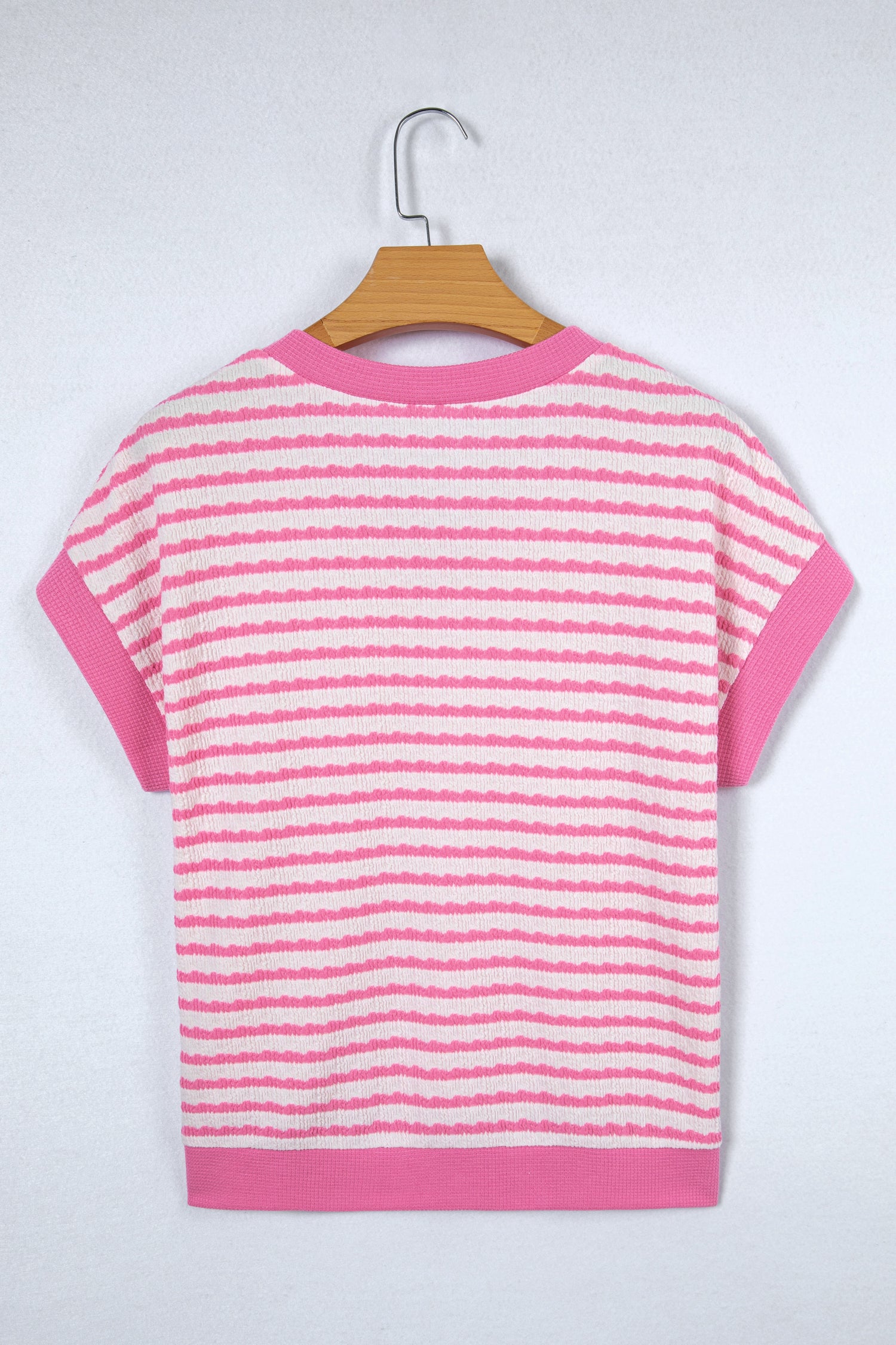 Pink Stripe Textured Knit Contrast Trim V Neck Short Sleeve Top-Tops/Tops & Tees-[Adult]-[Female]-2022 Online Blue Zone Planet