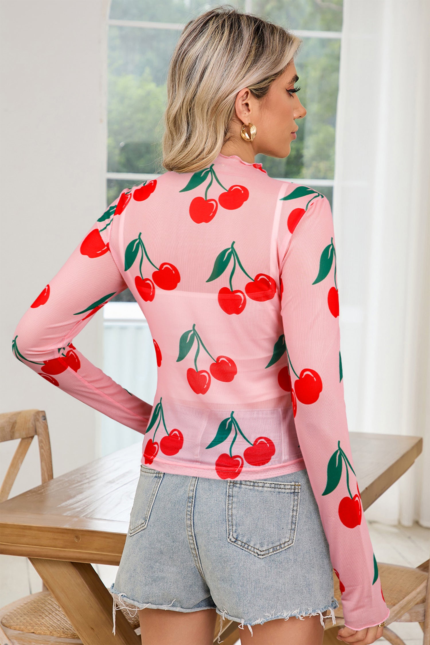 Pink Cherry Print Lettuce Trim Long Sleeve Mesh Top-Tops/Long Sleeve Tops-[Adult]-[Female]-2022 Online Blue Zone Planet