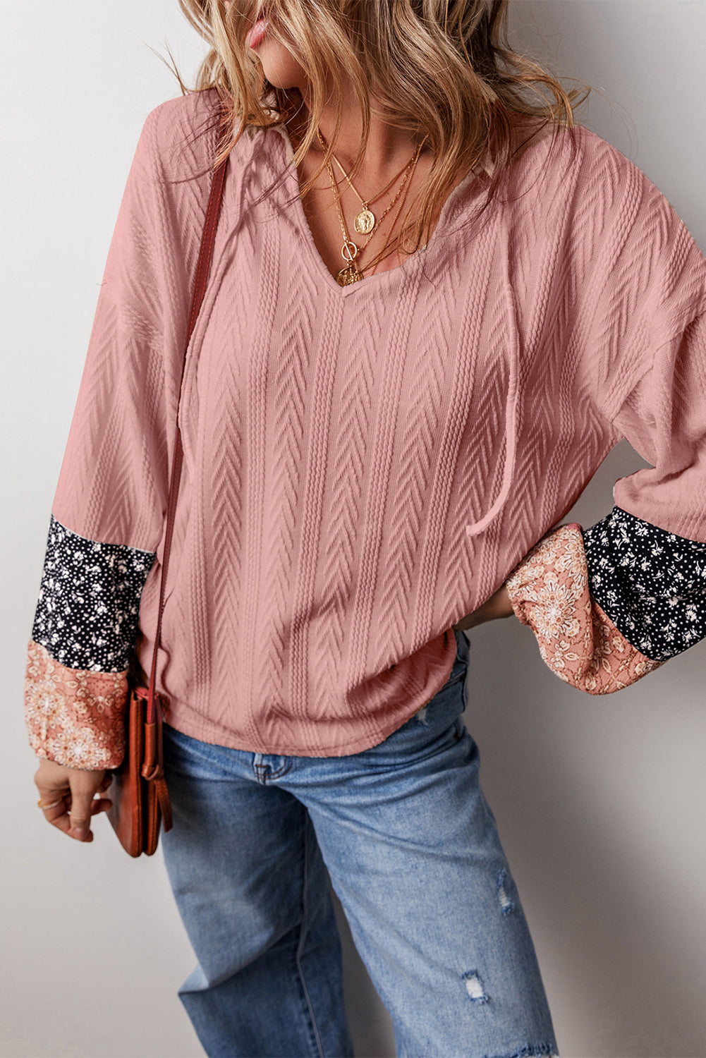 Dusty Pink Floral Patchwork Textured Knit Drawstring V Neck Blouse-Tops/Blouses & Shirts-[Adult]-[Female]-2022 Online Blue Zone Planet