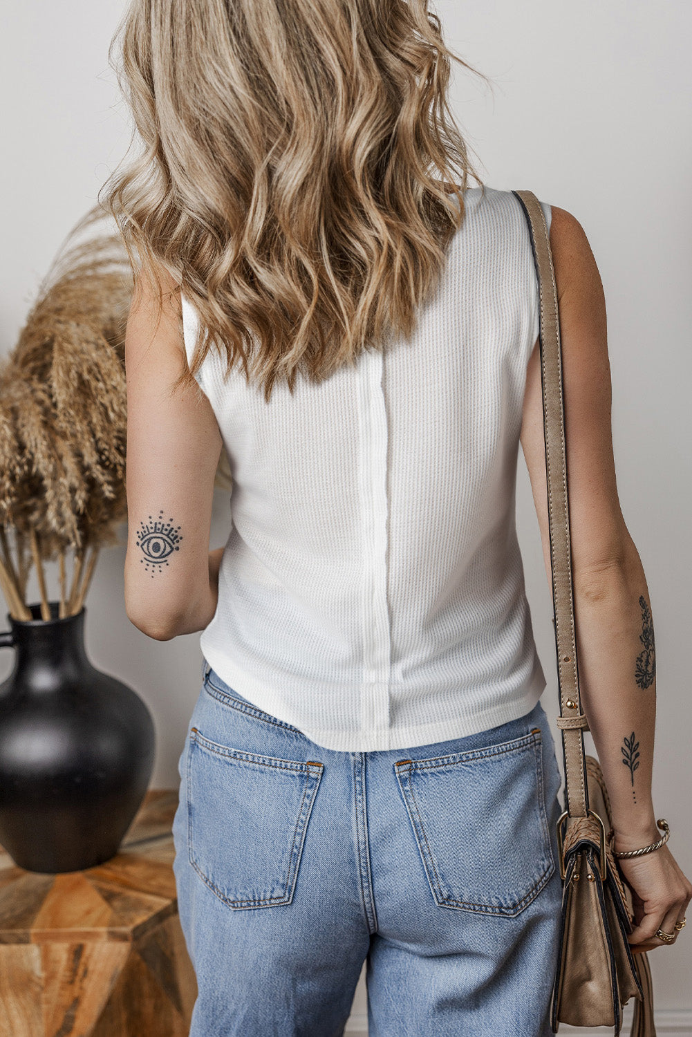 White Solid Color Waffle Knit Half Buttons Tank Top-Tops/Tank Tops-[Adult]-[Female]-2022 Online Blue Zone Planet