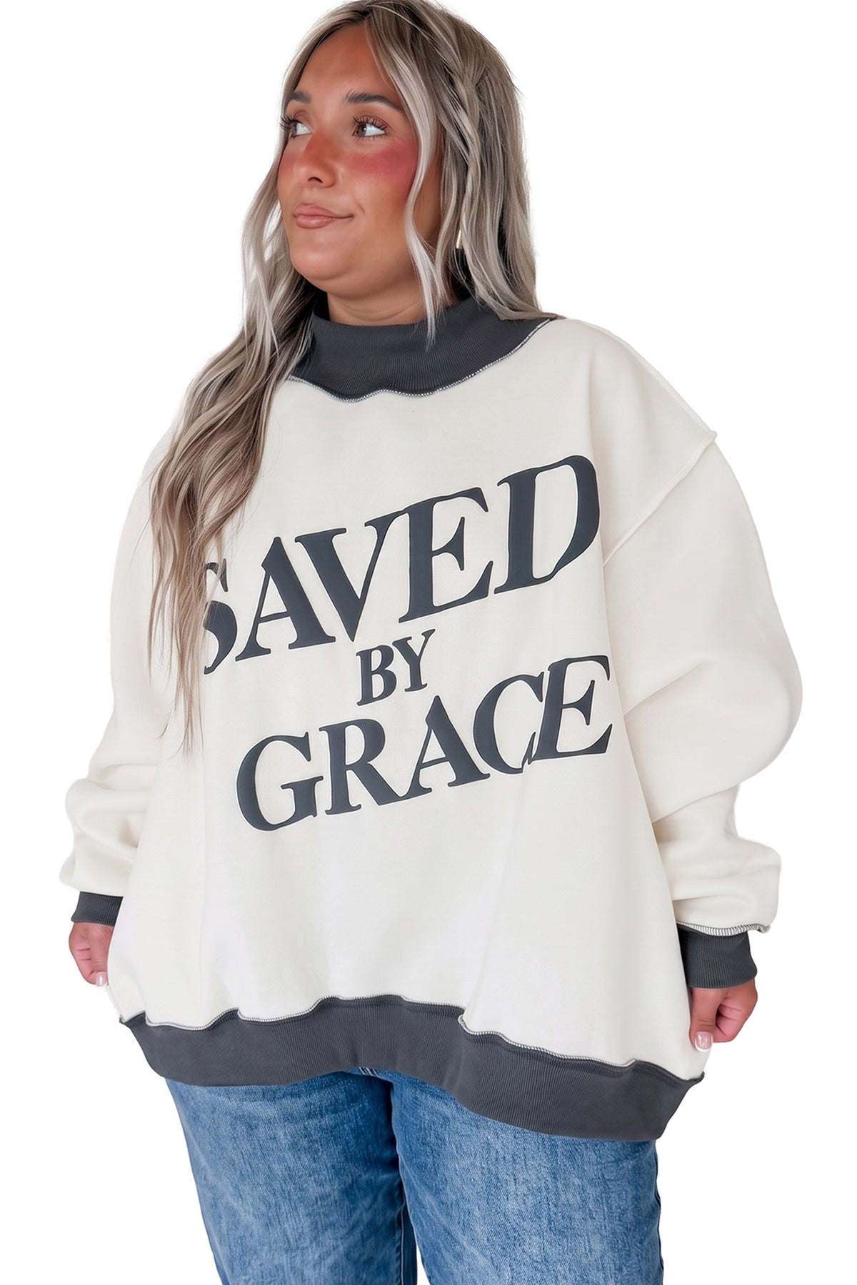Beige SAVED BY GRACE Letter Print Color Block Mock Neck Plus Size Sweatshirt-Plus Size/Plus Size Sweatshirts & Hoodies-[Adult]-[Female]-2022 Online Blue Zone Planet