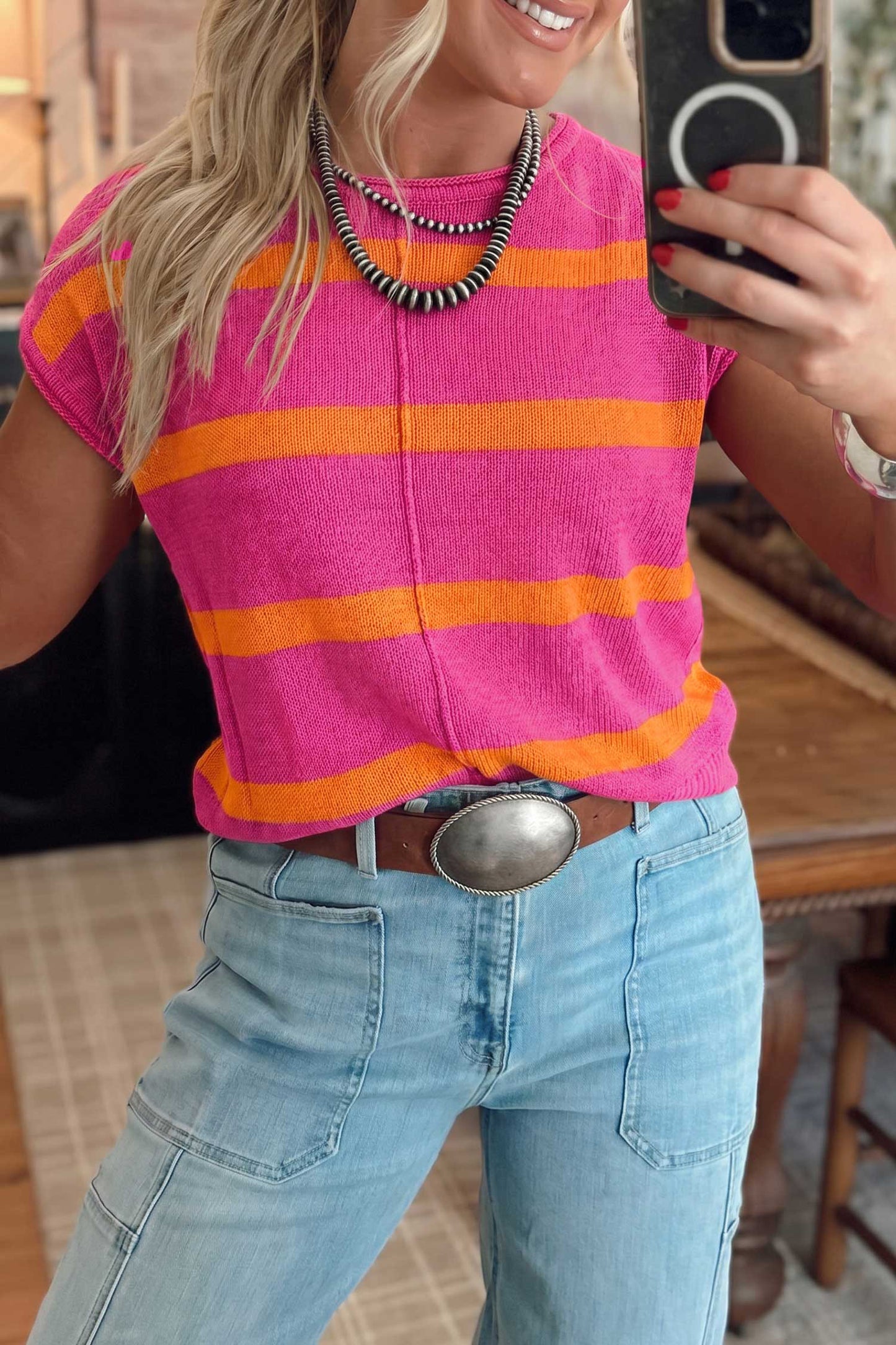 Rose Stripe Knit Western Short Sleeve Sweater
