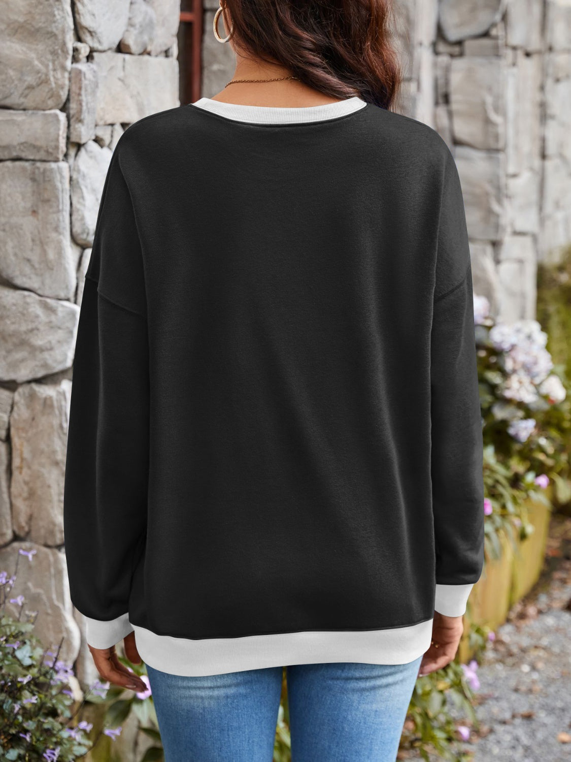 Blue Zone Planet | Lovelet Contrast Round Neck Long Sleeve Sweatshirt-TOPS / DRESSES-[Adult]-[Female]-2022 Online Blue Zone Planet