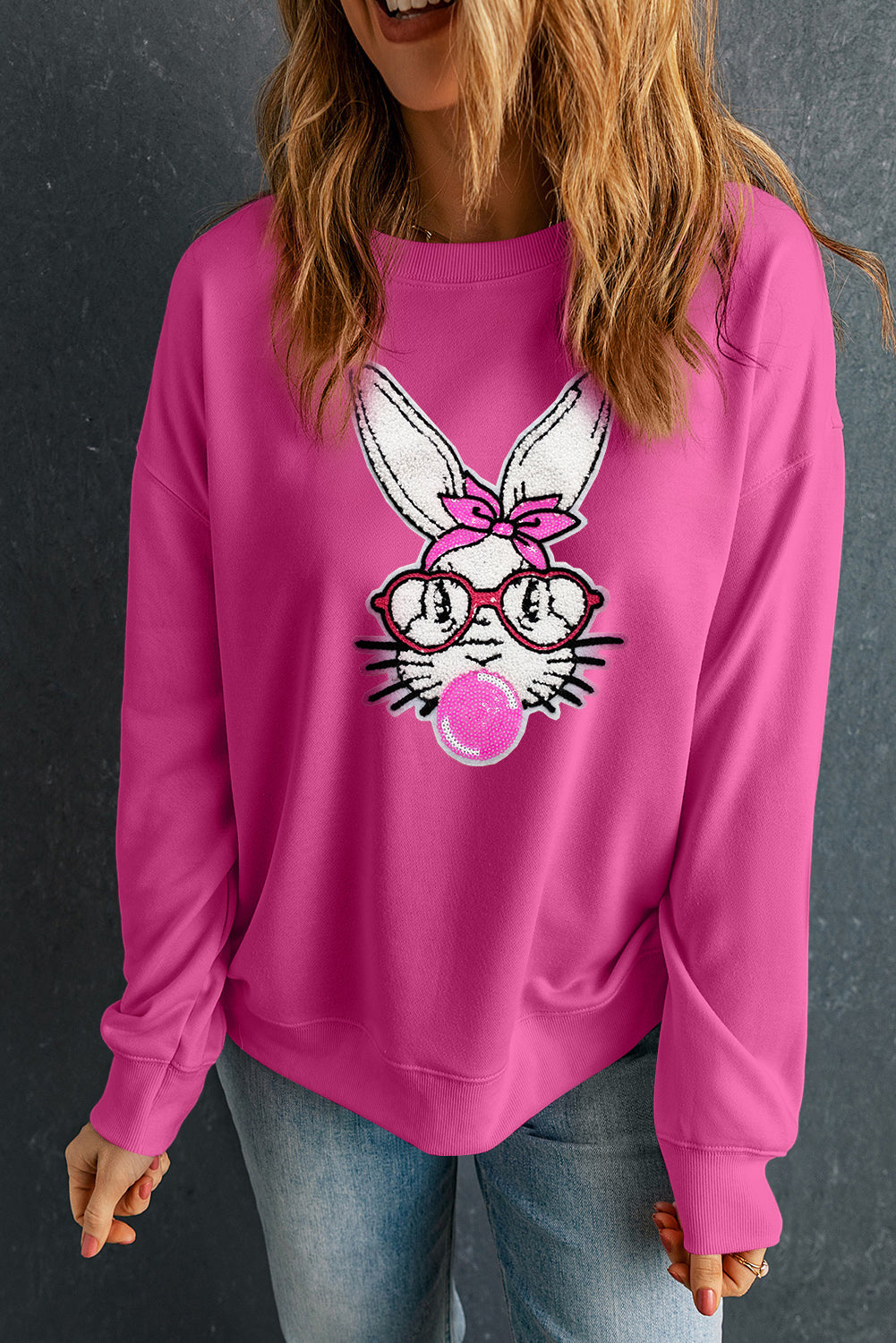 Bonbon Bubble Gum Rabbit Sequin Graphic Drop Shoulder Sweatshirt-Graphic Sweatshirts-[Adult]-[Female]-2022 Online Blue Zone Planet