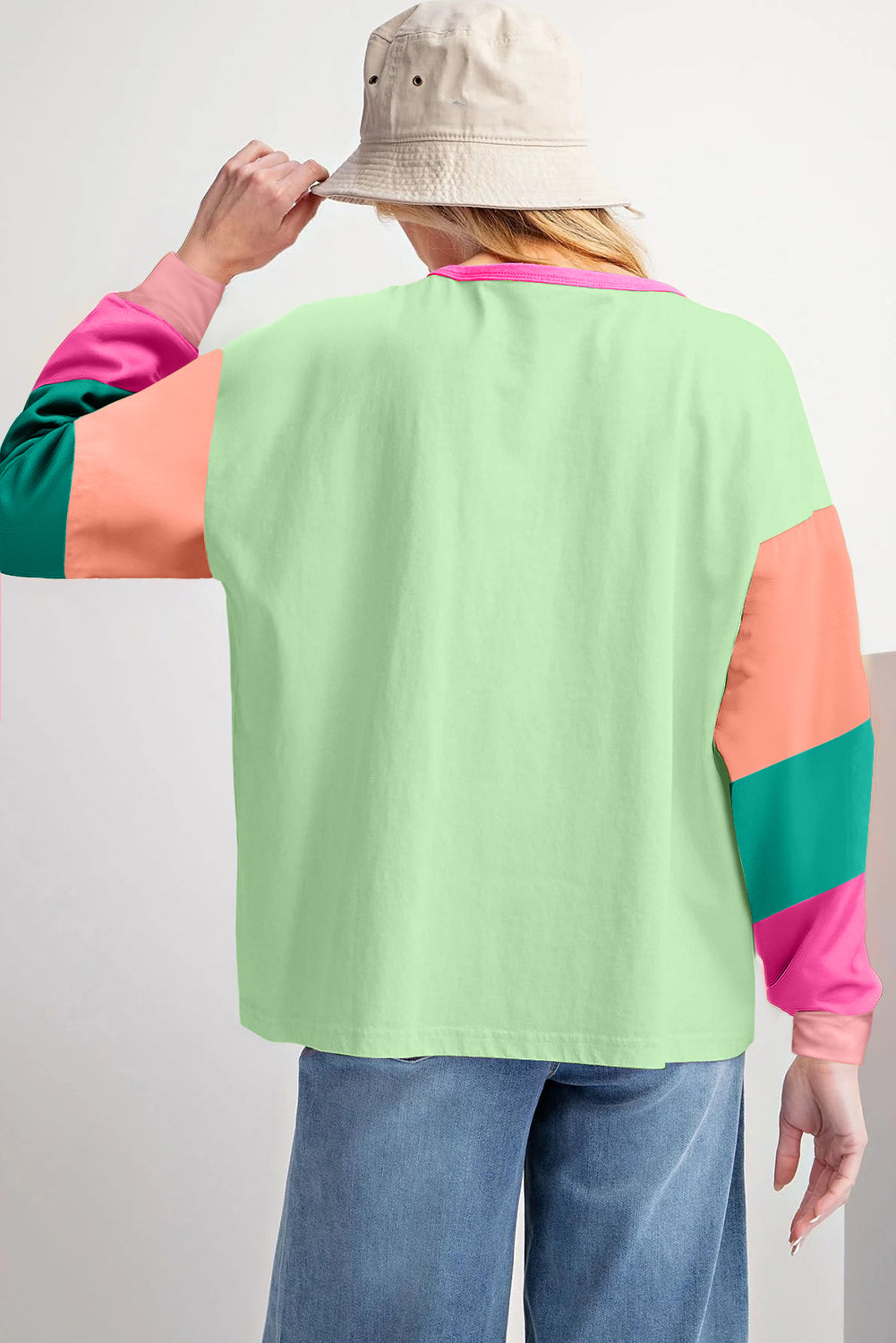 Blue Zone Planet | Green Colorblock Patchwork Long Sleeve Loose Top-TOPS / DRESSES-[Adult]-[Female]-2022 Online Blue Zone Planet