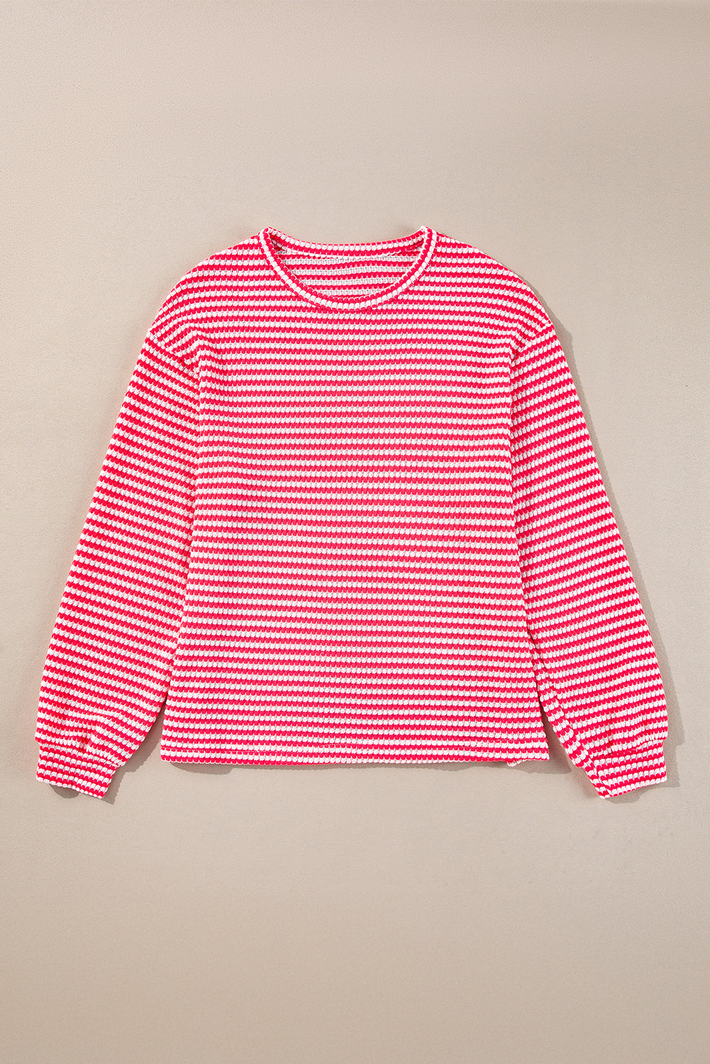 Blue Zone Planet | Rose Stripe Round Neck Drop Shoulder Long Sleeve Top-Tops/Long Sleeve Tops-[Adult]-[Female]-2022 Online Blue Zone Planet