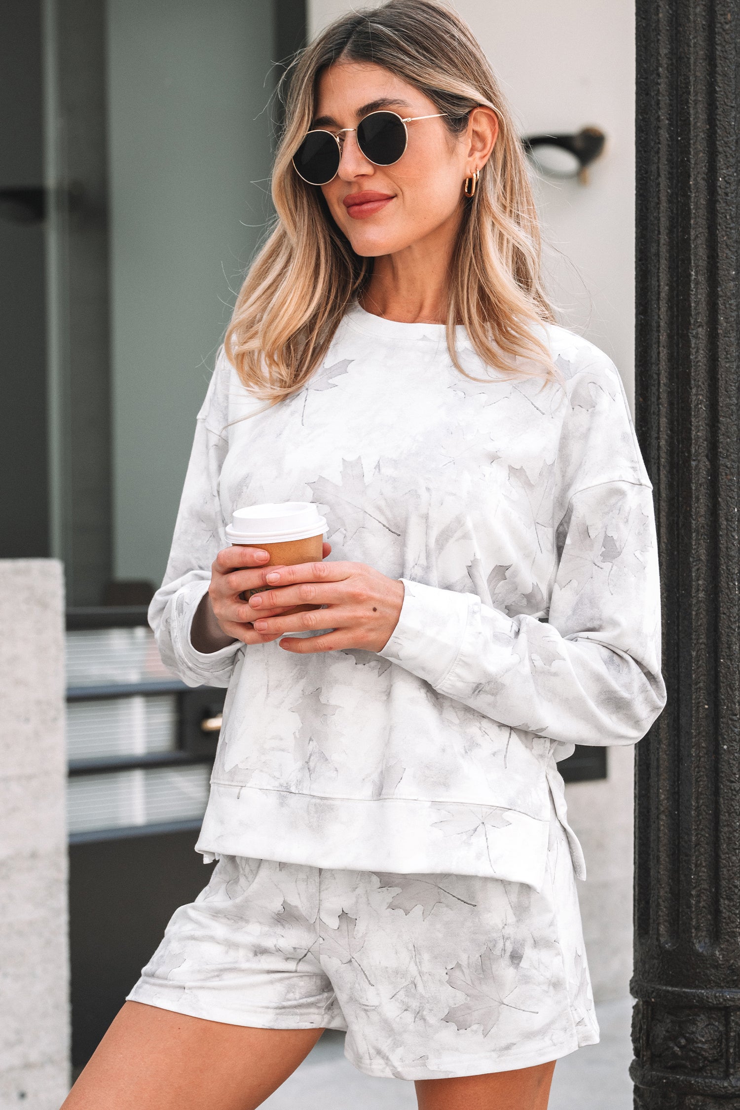 Beige Camo Print Pullover Top And Elastic Waist Casual Short Set-Two Piece Sets/Short Sets-[Adult]-[Female]-2022 Online Blue Zone Planet