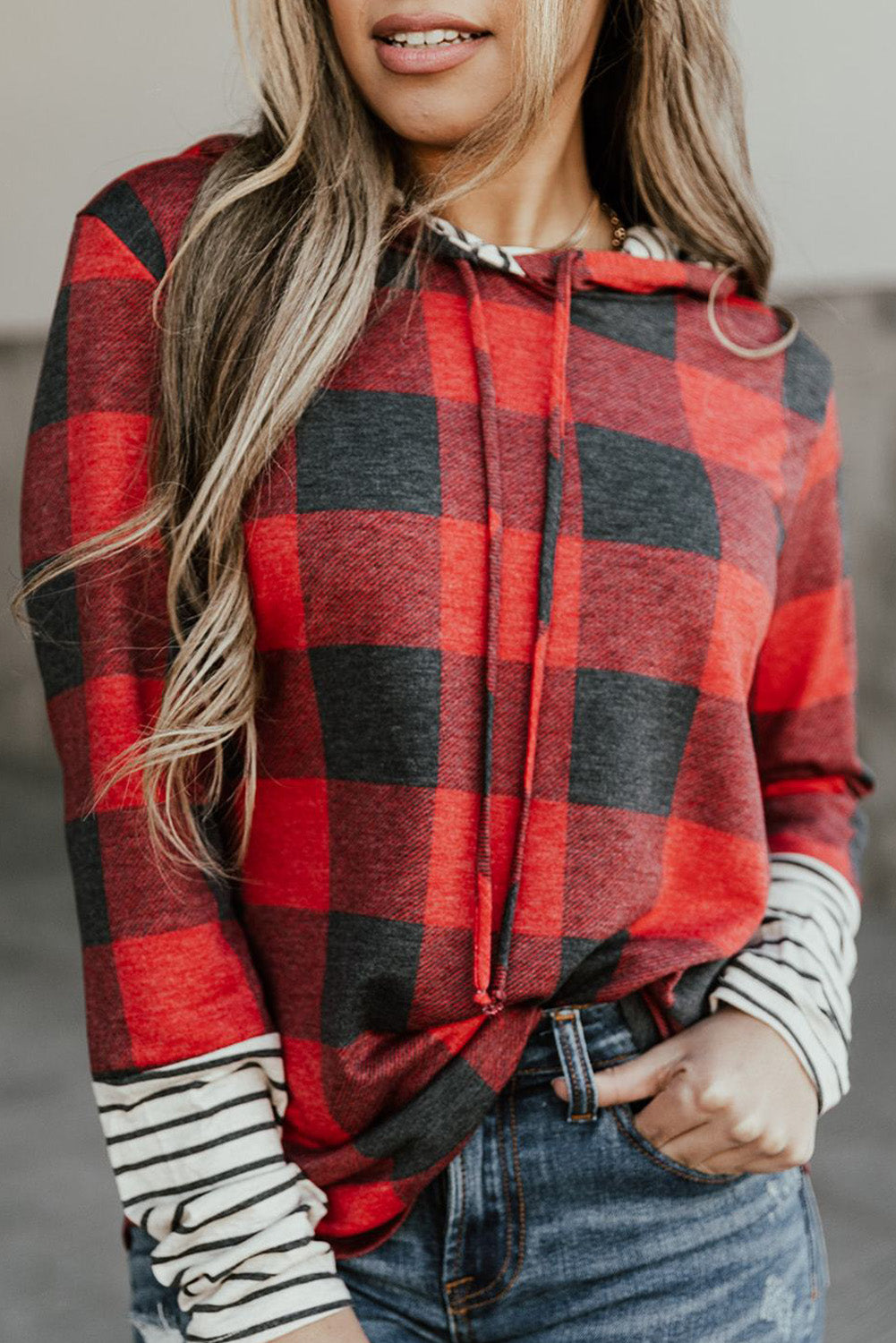 Fiery Red Christmas Plaid Striped Patchwork Drawstring Hoodie-Tops/Sweatshirts & Hoodies-[Adult]-[Female]-Red-S-2022 Online Blue Zone Planet