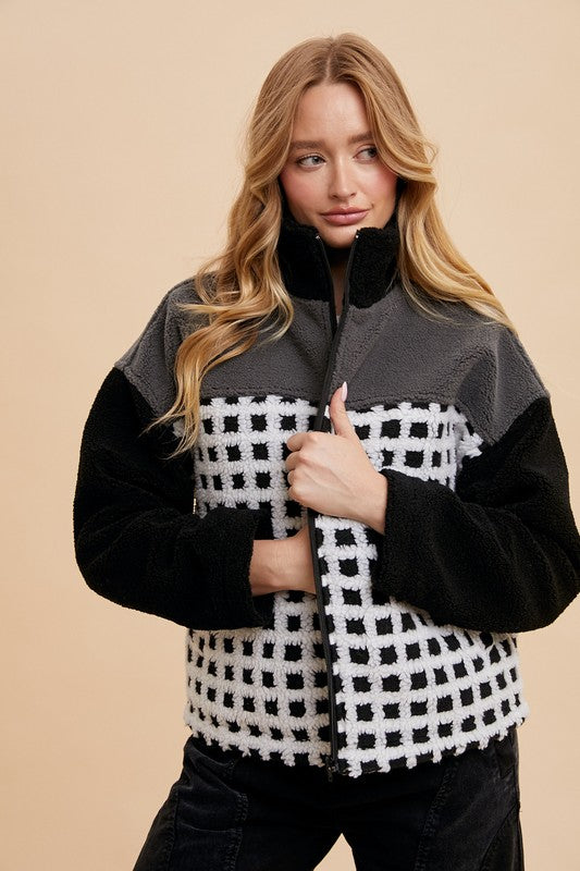 Annie Wear Plaid Zip Up Drop Shoulder Sherpa Jacket-TOPS / DRESSES-[Adult]-[Female]-Ivory/Black-S-2022 Online Blue Zone Planet