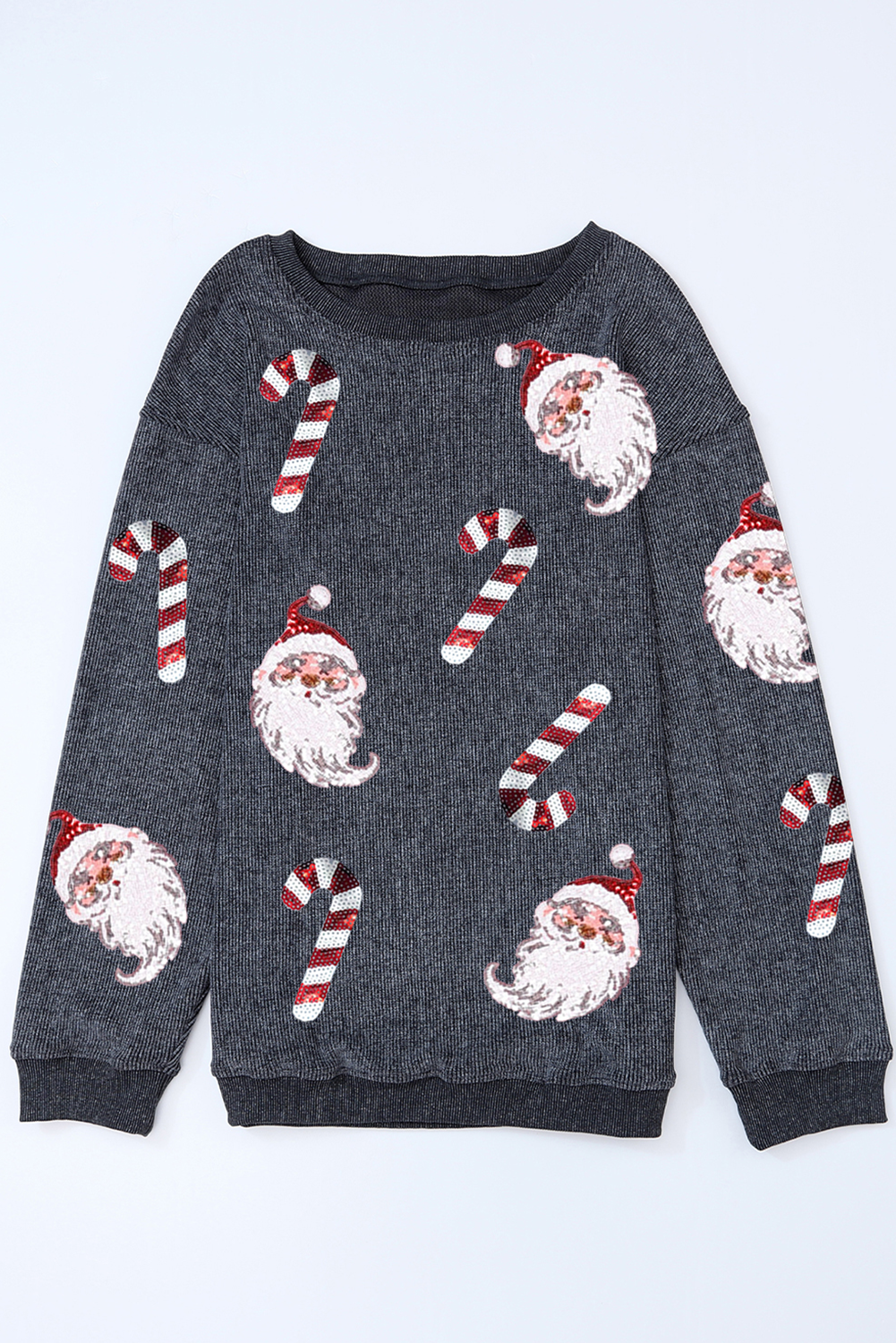 Gray Santa Claus Candy Cane Sequin Patched Baggy Sweatshirt-Graphic Sweatshirts-[Adult]-[Female]-2022 Online Blue Zone Planet