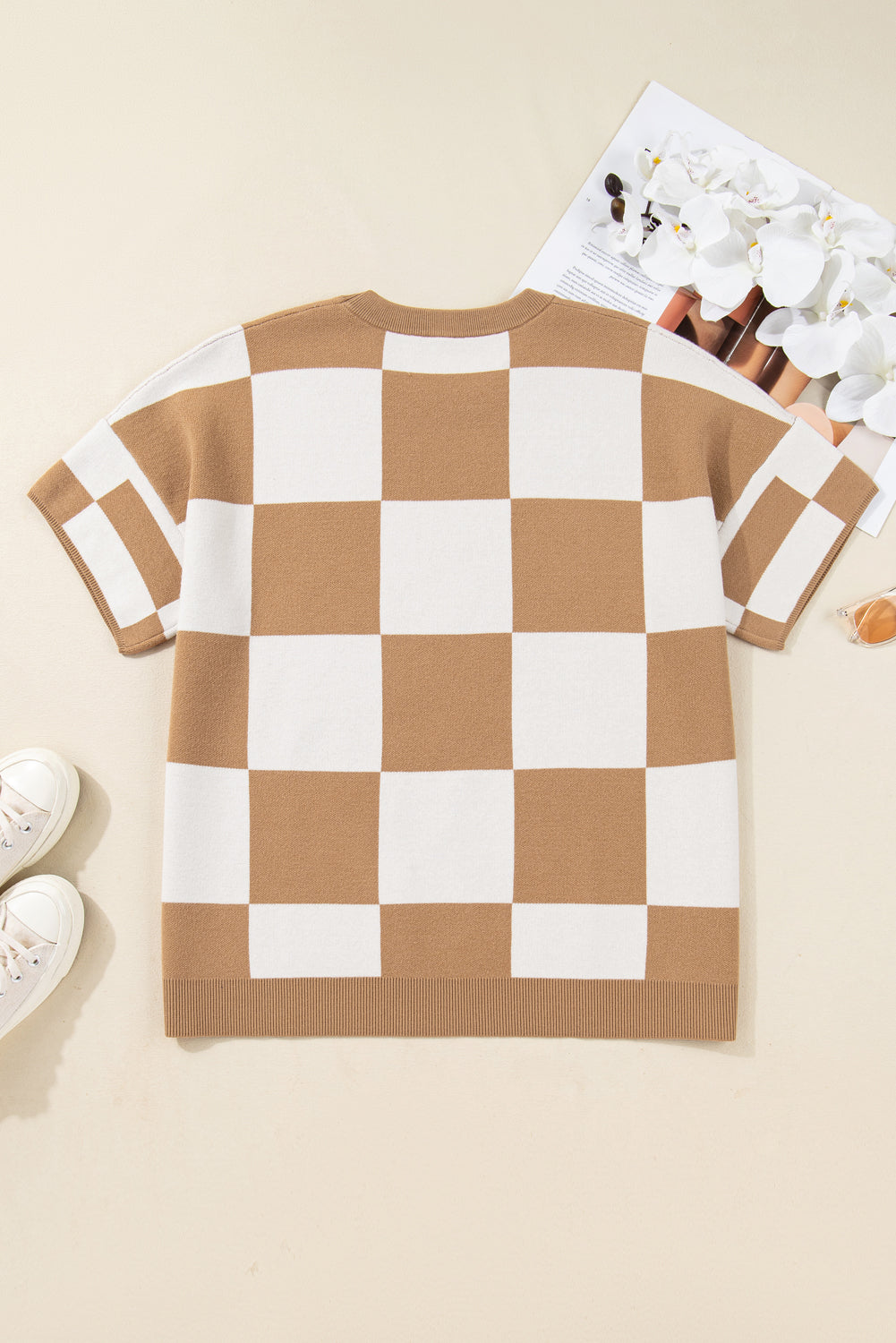 Light French Beige Plus Size Checkered Pattern Knit Short Sleeve Sweater-Plus Size/Plus Size Sweaters & Cardigans-[Adult]-[Female]-2022 Online Blue Zone Planet