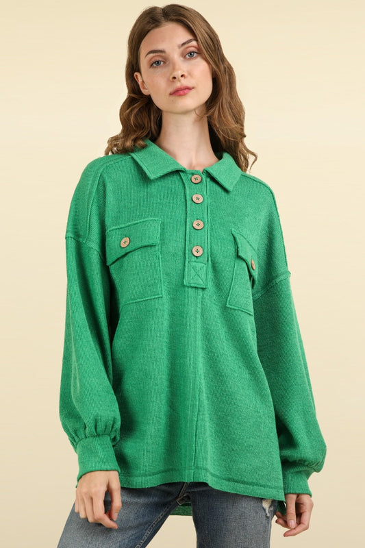 VERY J Collared Half Button Knit Top with Pockets-TOPS / DRESSES-[Adult]-[Female]-Green-S-2022 Online Blue Zone Planet