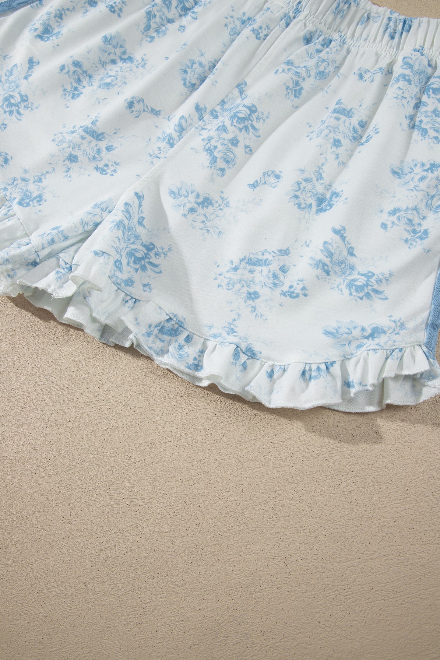 Sky Blue Floral Print Striped Detail Long Sleeve Top Ruffle Hem Shorts 2pcs Set-Two Piece Sets/Short Sets-[Adult]-[Female]-2022 Online Blue Zone Planet