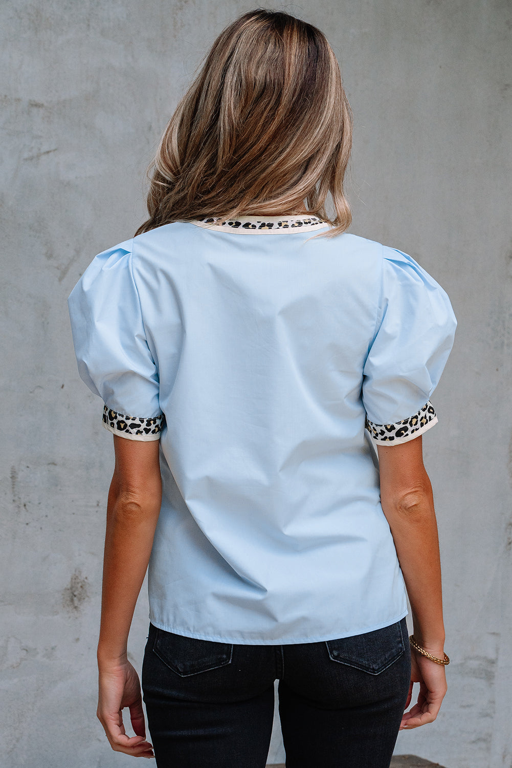 Beau Blue Contrast Leopard Trim Split Neck Puff Sleeve Blouse-Tops/Blouses & Shirts-[Adult]-[Female]-2022 Online Blue Zone Planet