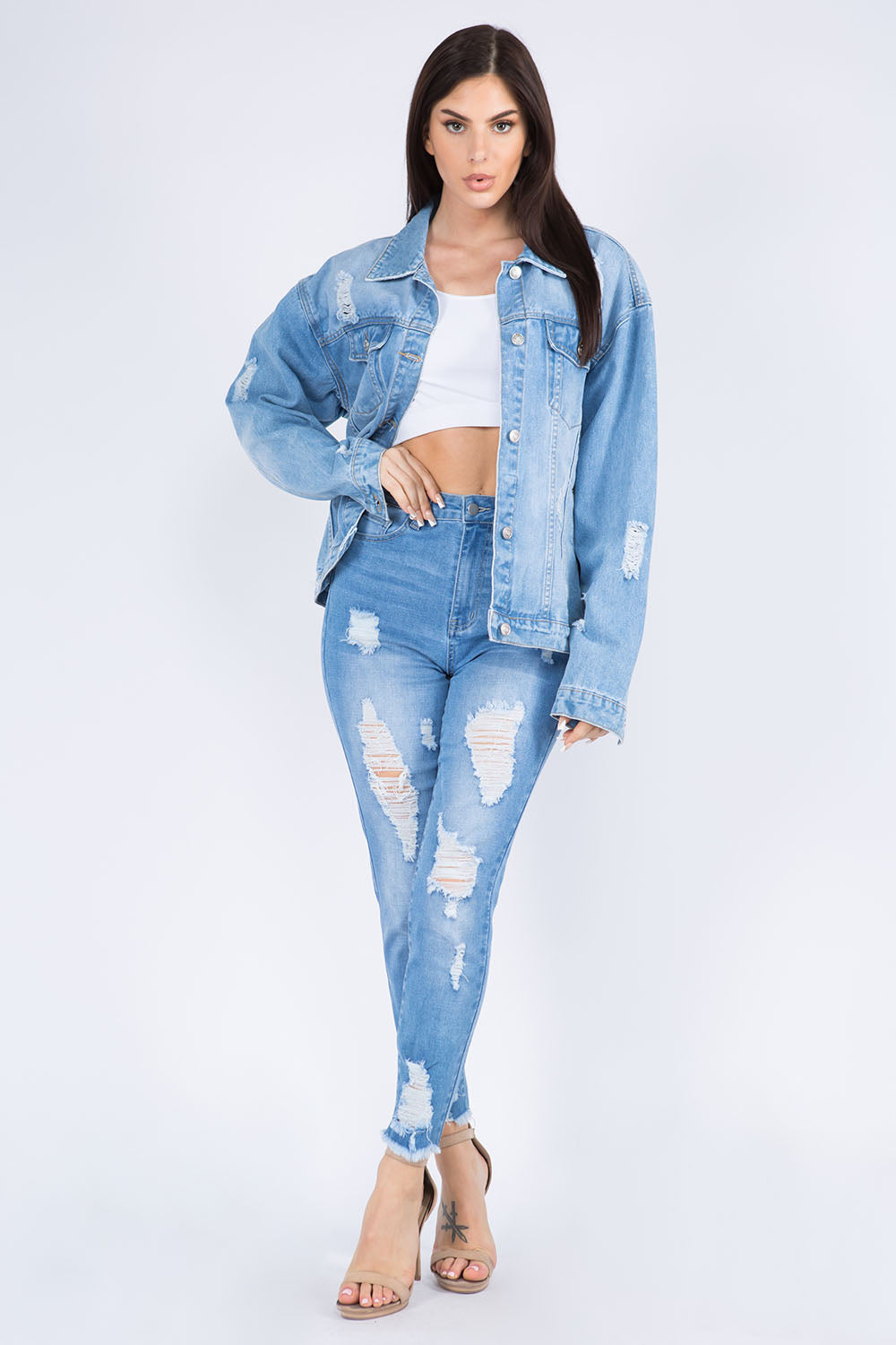 American Bazi Full Size Painted Back Distressed Denim Jacket-TOPS / DRESSES-[Adult]-[Female]-2022 Online Blue Zone Planet