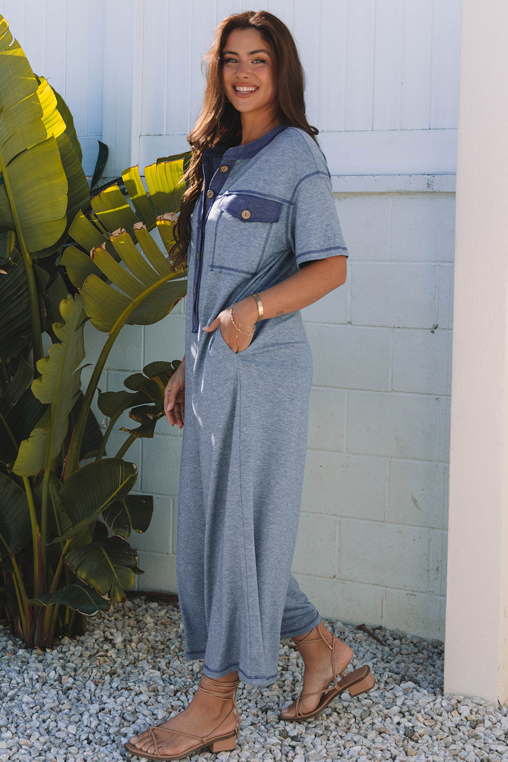 Beau Blue Half Placket Chest Pockets Short Sleeve Wide Leg Jumpsuit-Bottoms/Jumpsuits & Rompers-[Adult]-[Female]-2022 Online Blue Zone Planet