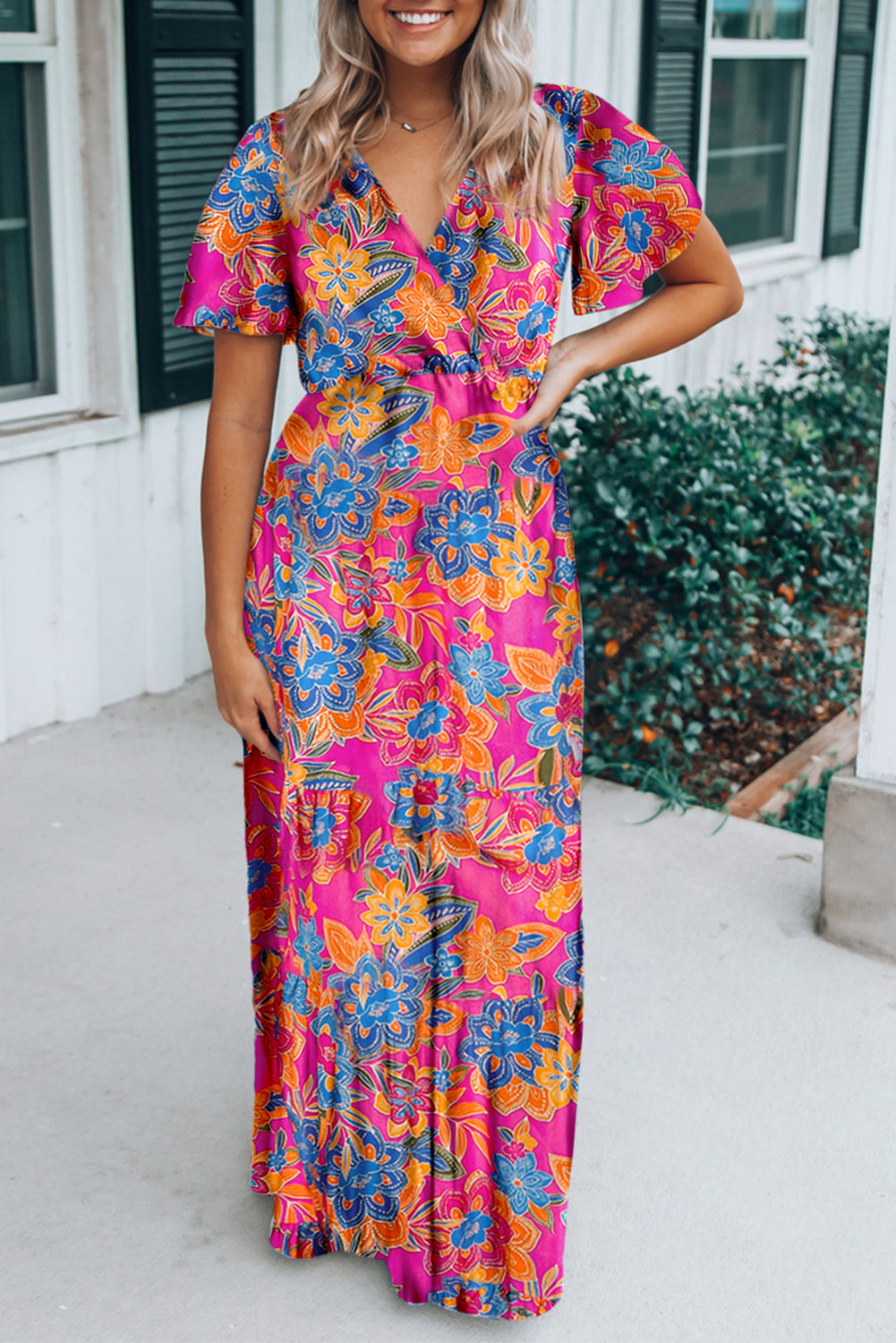 Blue Zone Planet |  Rose Wrap V Neck Floral Maxi Dress Blue Zone Planet