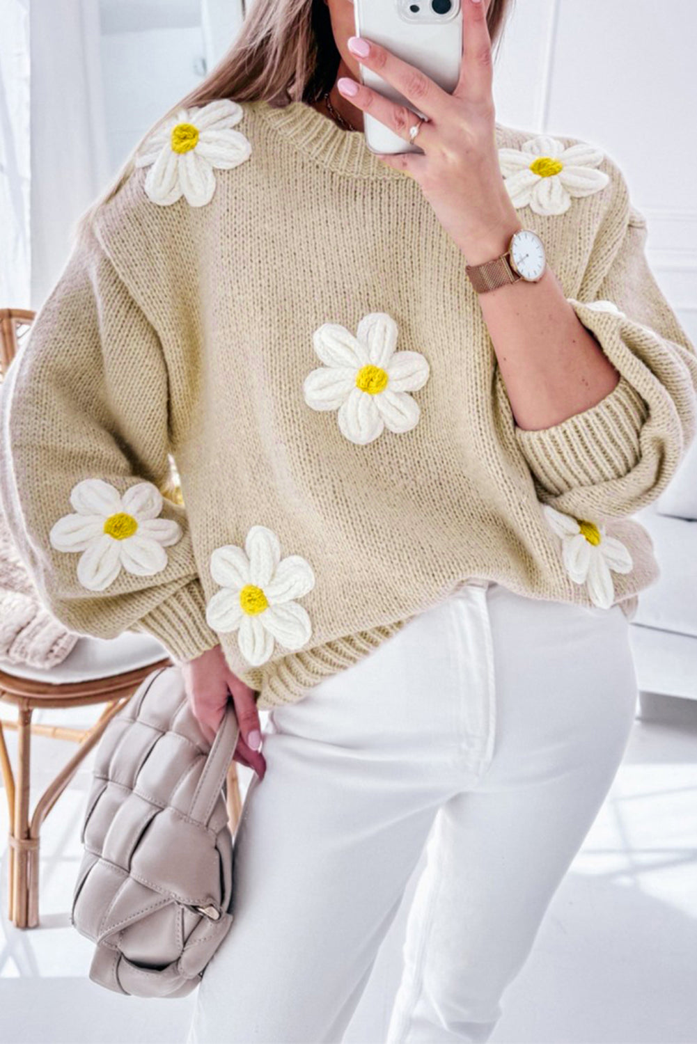 Parchment Floral Crochet Chunky Knit Sweater-Sweaters & Cardigans/Sweaters-[Adult]-[Female]-Parchment-S-2022 Online Blue Zone Planet