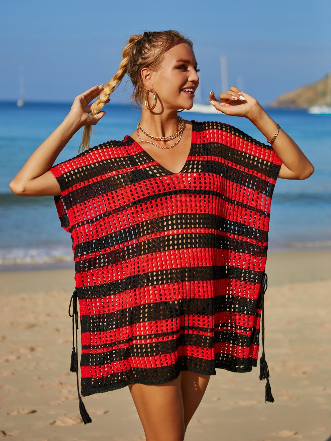 Blue Zone Planet | Tassel Openwork Striped V-Neck Cover Up-TOPS / DRESSES-[Adult]-[Female]-Black-One Size-2022 Online Blue Zone Planet