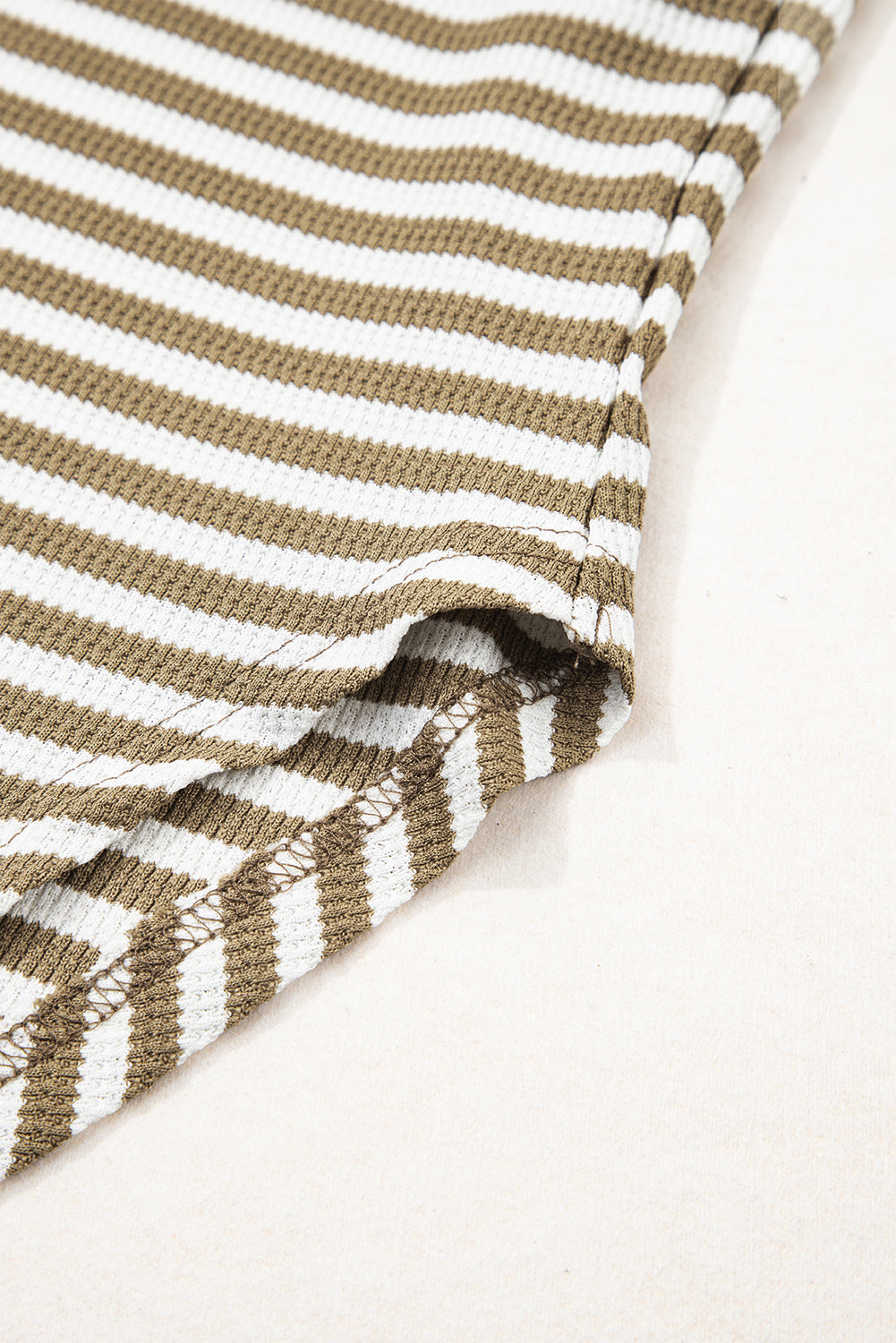 Khaki Stripe Thermal Knit Drop Shoulder Casual Top-Tops/Long Sleeve Tops-[Adult]-[Female]-2022 Online Blue Zone Planet