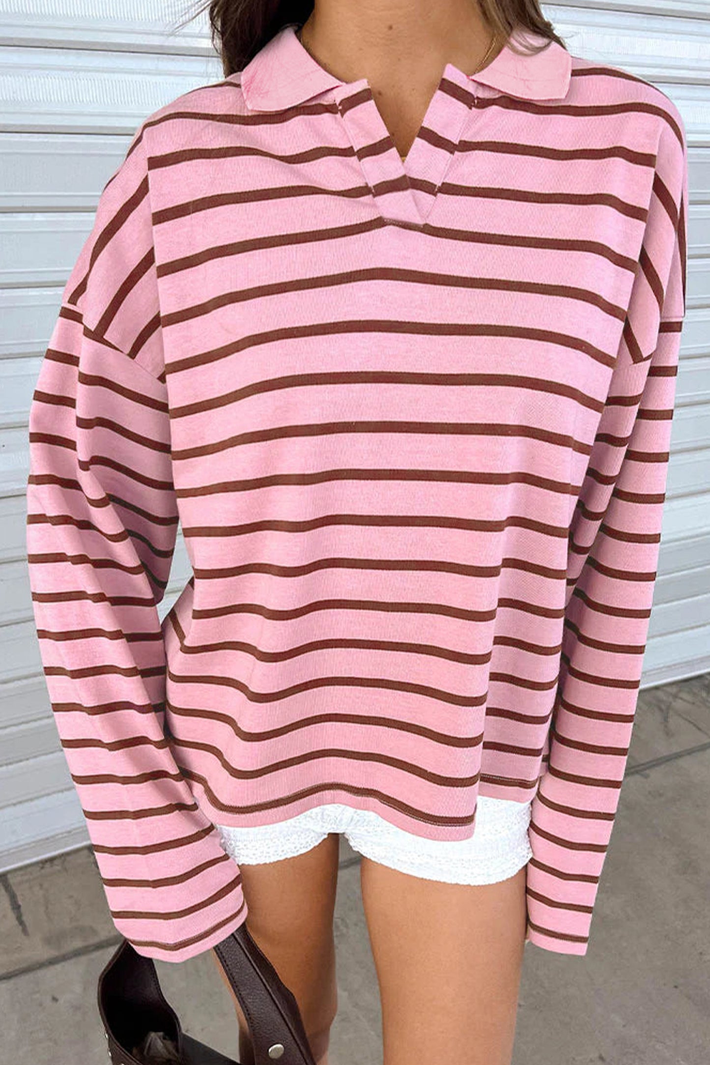 Pink Stripe Striped Long Sleeve Collar Shift Top-Tops/Long Sleeve Tops-[Adult]-[Female]-Pink Stripe-S-2022 Online Blue Zone Planet