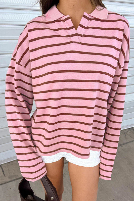 Pink Stripe Striped Long Sleeve Collar Shift Top-Tops/Long Sleeve Tops-[Adult]-[Female]-Pink Stripe-S-2022 Online Blue Zone Planet