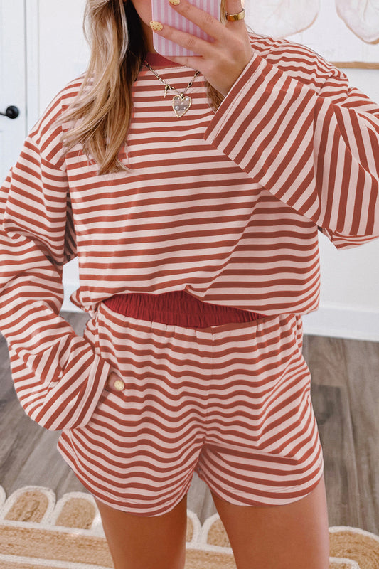 Brown Stripe Relaxed Long Sleeve Top Contrast Elastic Waistband Short Set-Two Piece Sets/Short Sets-[Adult]-[Female]-2022 Online Blue Zone Planet