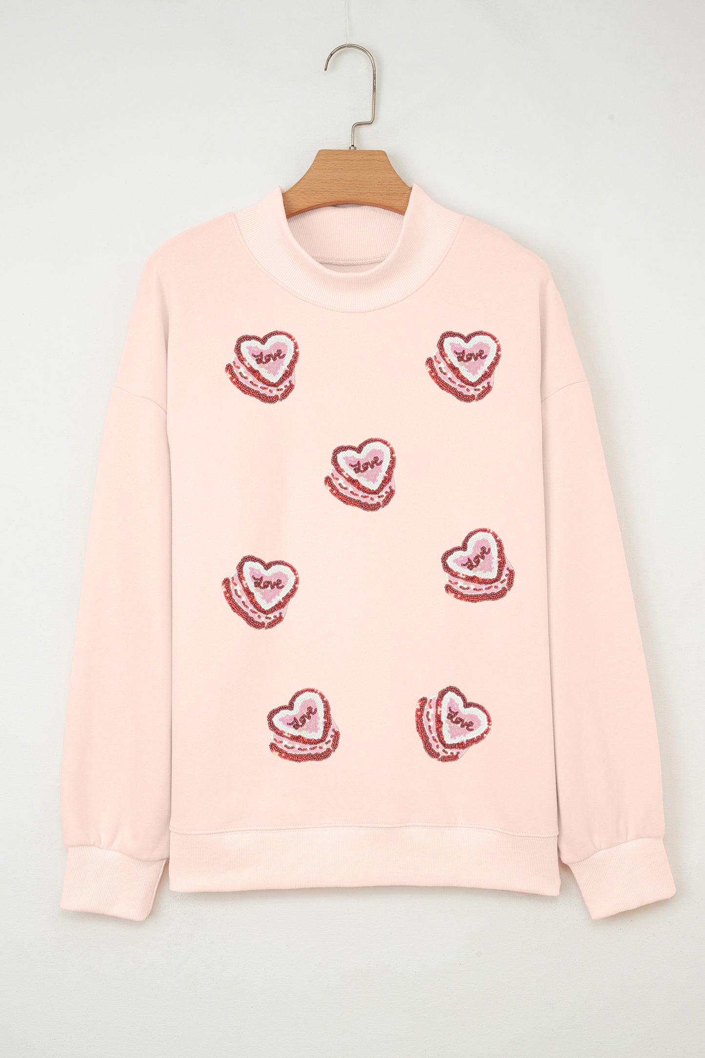 Light Pink Sequin Heart Patched Love Cake Mock Neck Sweatshirt-Graphic/Graphic Sweatshirts-[Adult]-[Female]-2022 Online Blue Zone Planet