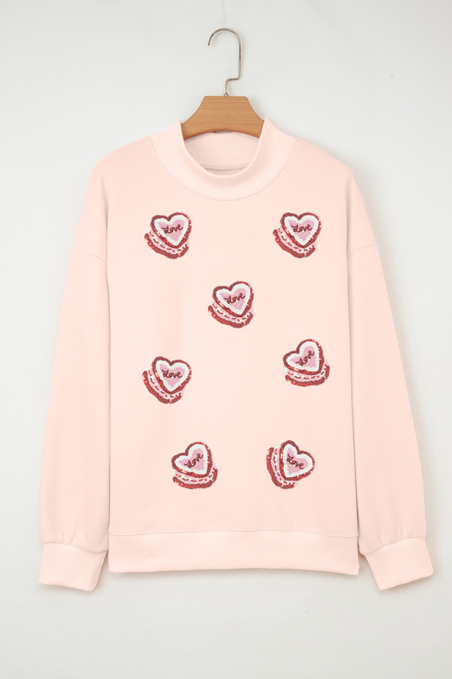 Light Pink Sequin Heart Patched Love Cake Mock Neck Sweatshirt-Graphic/Graphic Sweatshirts-[Adult]-[Female]-2022 Online Blue Zone Planet