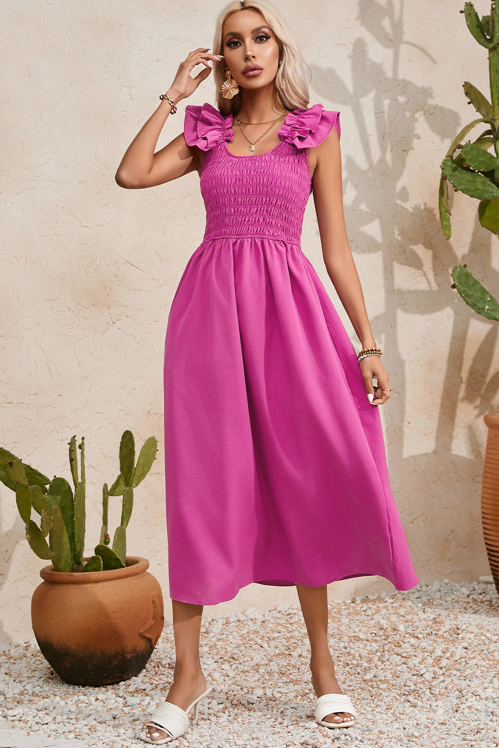 Rose Red Solid Color Ruffled Straps Smocked Ruched Maxi Dress-Dresses/Maxi Dresses-[Adult]-[Female]-2022 Online Blue Zone Planet