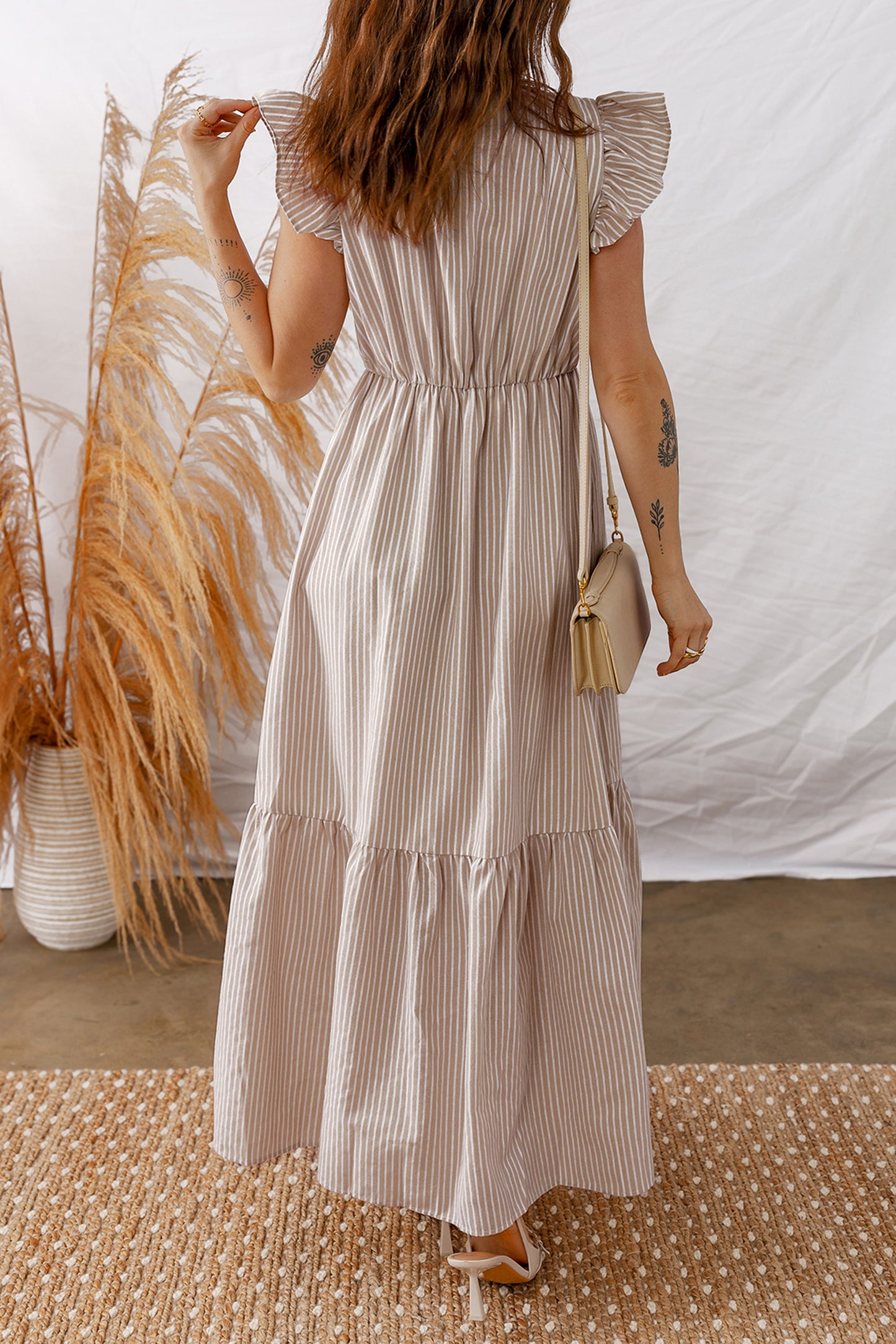 Khaki Stripe Flutter Sleeve Buttoned Front Slit Maxi Dress-TOPS / DRESSES-[Adult]-[Female]-2022 Online Blue Zone Planet