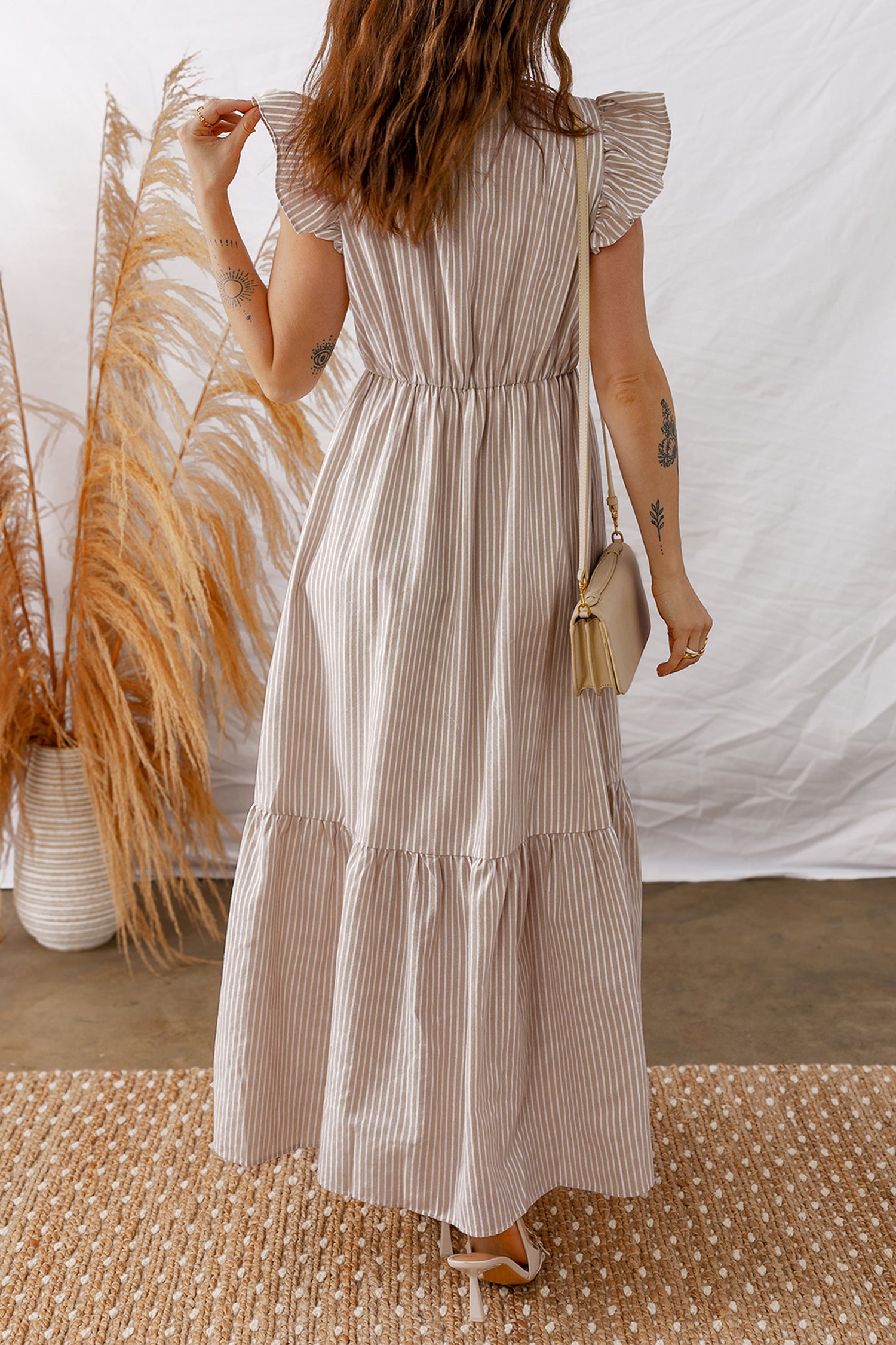 Khaki Stripe Flutter Sleeve Buttoned Front Slit Maxi Dress-TOPS / DRESSES-[Adult]-[Female]-2022 Online Blue Zone Planet