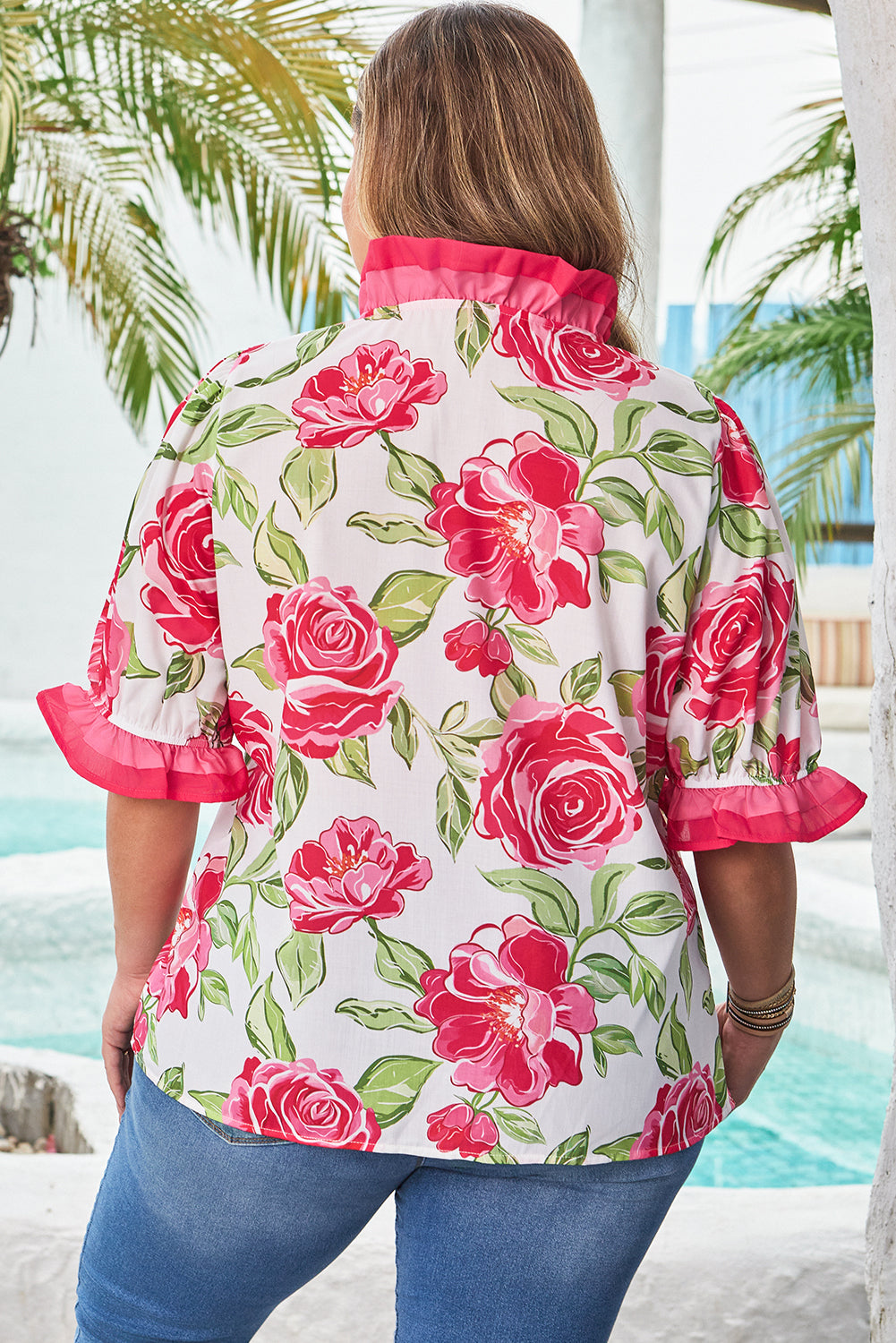 Rose Plus Size Floral Print Frilled Stripes Detail Short Sleeve Blouse-Plus Size/Plus Size Tops/Plus Size Blouses & Shirts-[Adult]-[Female]-2022 Online Blue Zone Planet