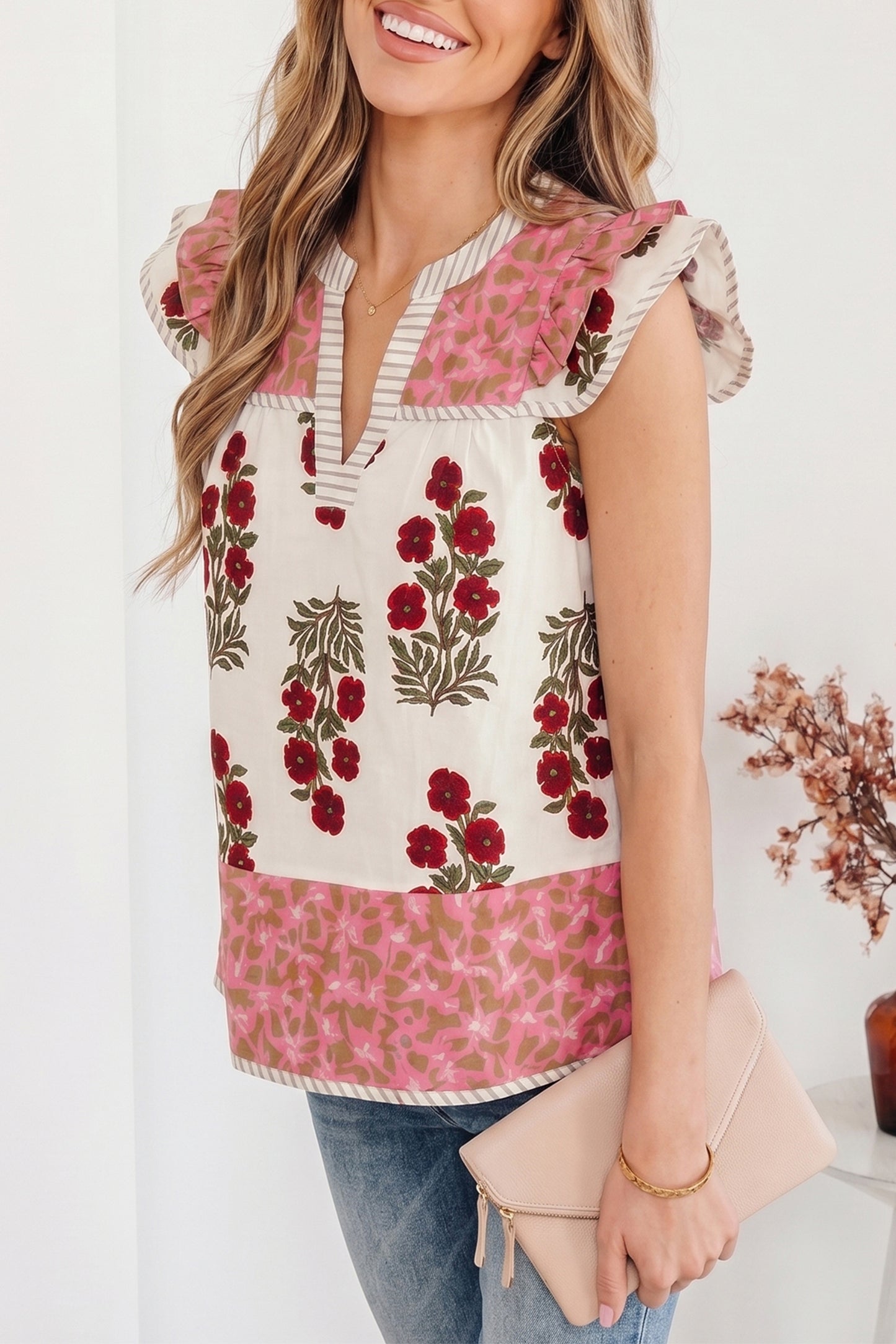 White Floral Print Contrast Striped Trim Flutter Cotton Blouse-Tops/Blouses & Shirts-[Adult]-[Female]-2022 Online Blue Zone Planet