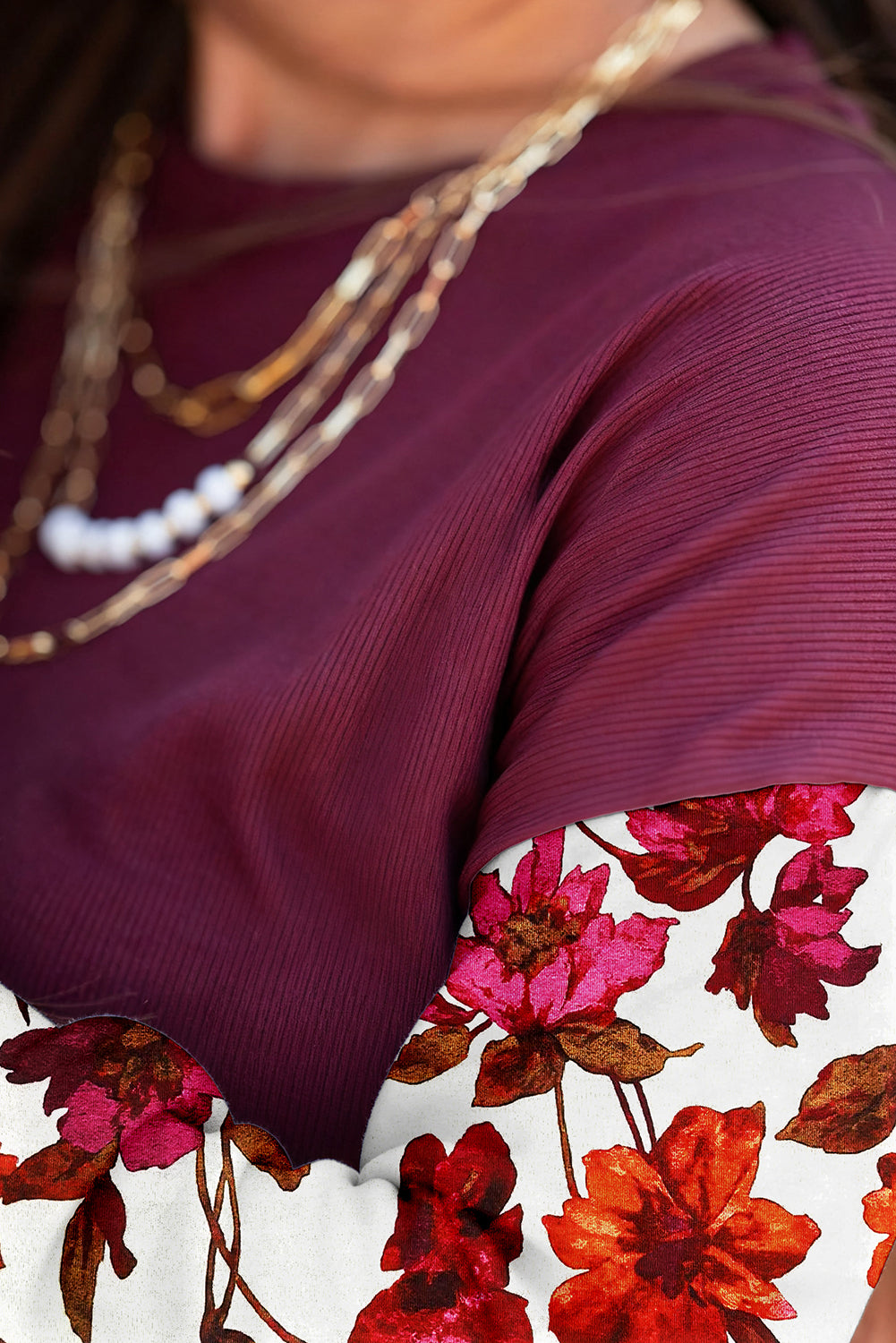 Wild Ginger Contrast Floral Sleeve Solid Ribbed Body Patchwork Long Sleeve Top-Tops/Long Sleeve Tops-[Adult]-[Female]-2022 Online Blue Zone Planet