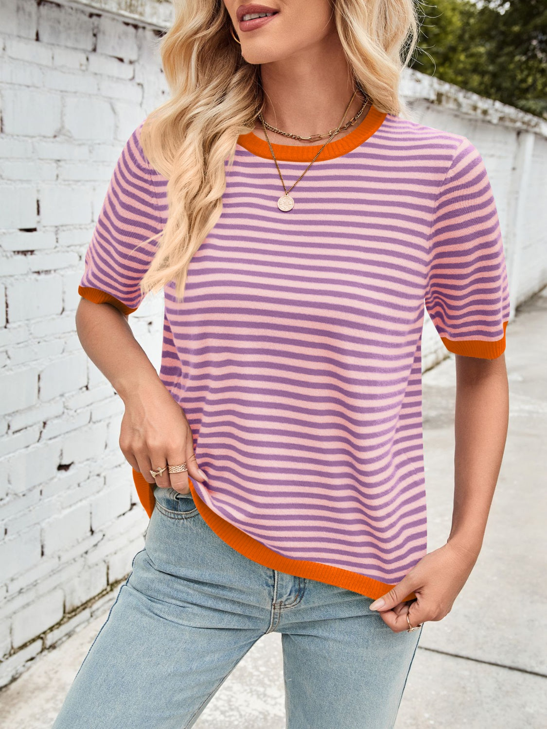 Lovelet Striped Contrast Round Neck Half Sleeve Knit Top-TOPS / DRESSES-[Adult]-[Female]-2022 Online Blue Zone Planet