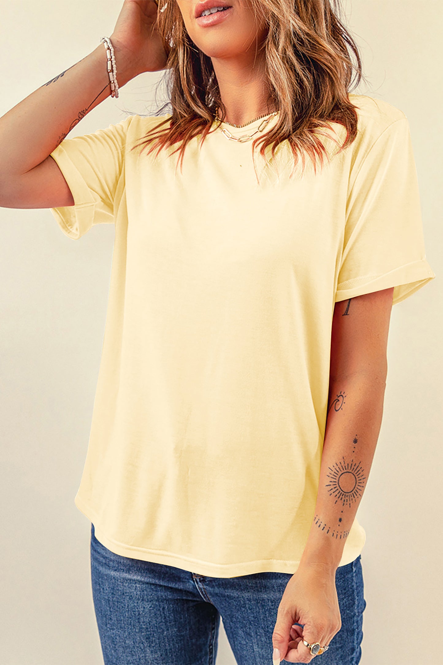Tillandsia Purple Casual Plain Crew Neck Tee-Tops/Tops & Tees-[Adult]-[Female]-Yellow Cream-S-2022 Online Blue Zone Planet