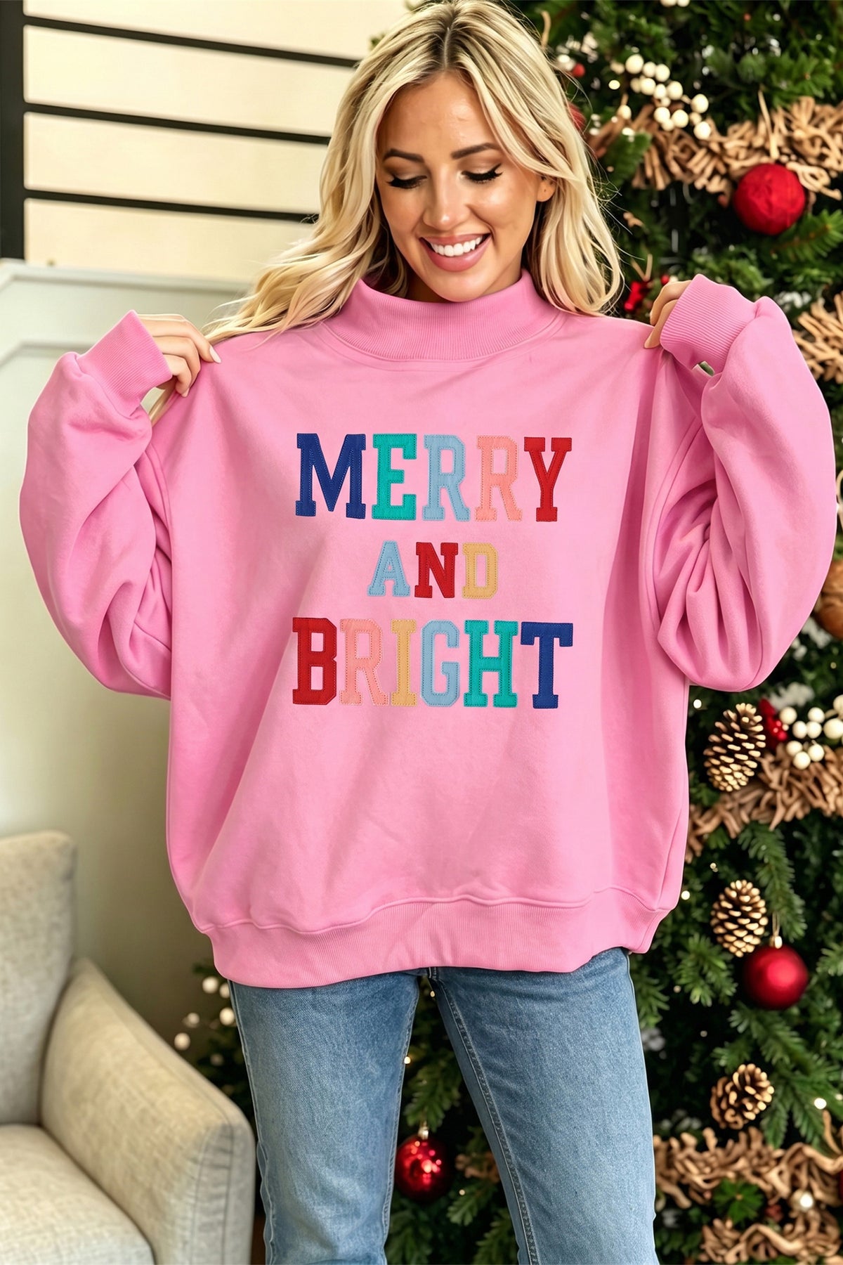 White MERRY AND BRIGHT Stitched Letter Pattern Mock Neck Sweatshirt