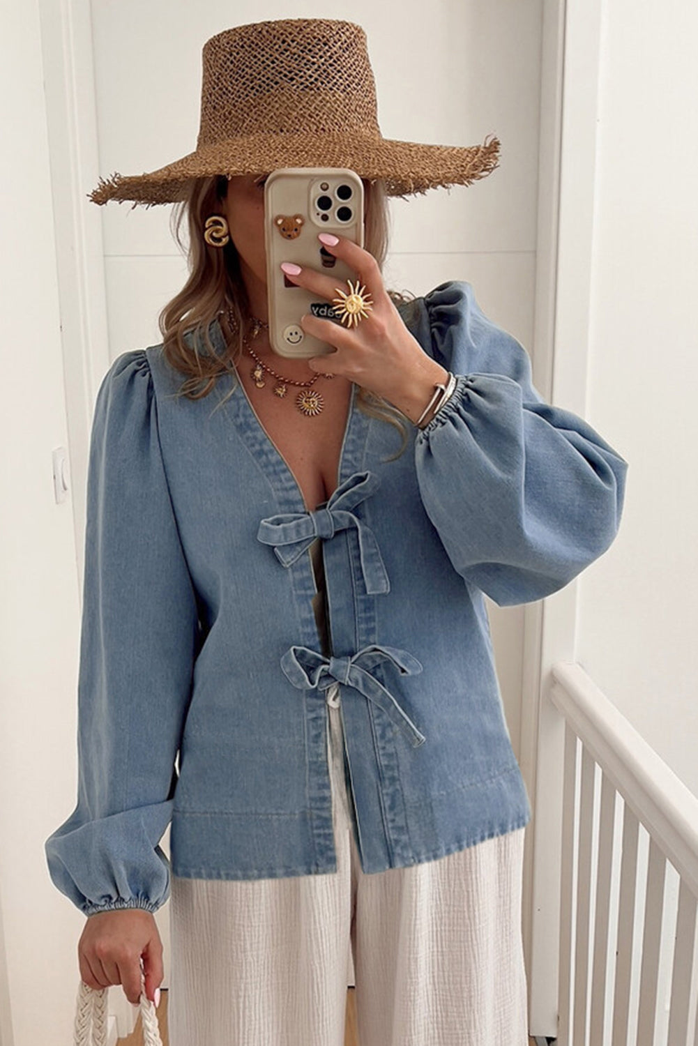 Dusk Blue Tied Front Long Puff Sleeve Denim Top-Tops/Blouses & Shirts-[Adult]-[Female]-2022 Online Blue Zone Planet