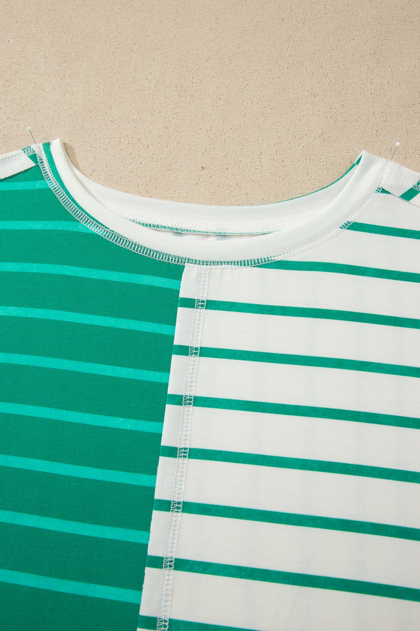 Green Stripe Colorblock 3/4 Sleeve Loose T Shirt-Tops/Tops & Tees-[Adult]-[Female]-2022 Online Blue Zone Planet