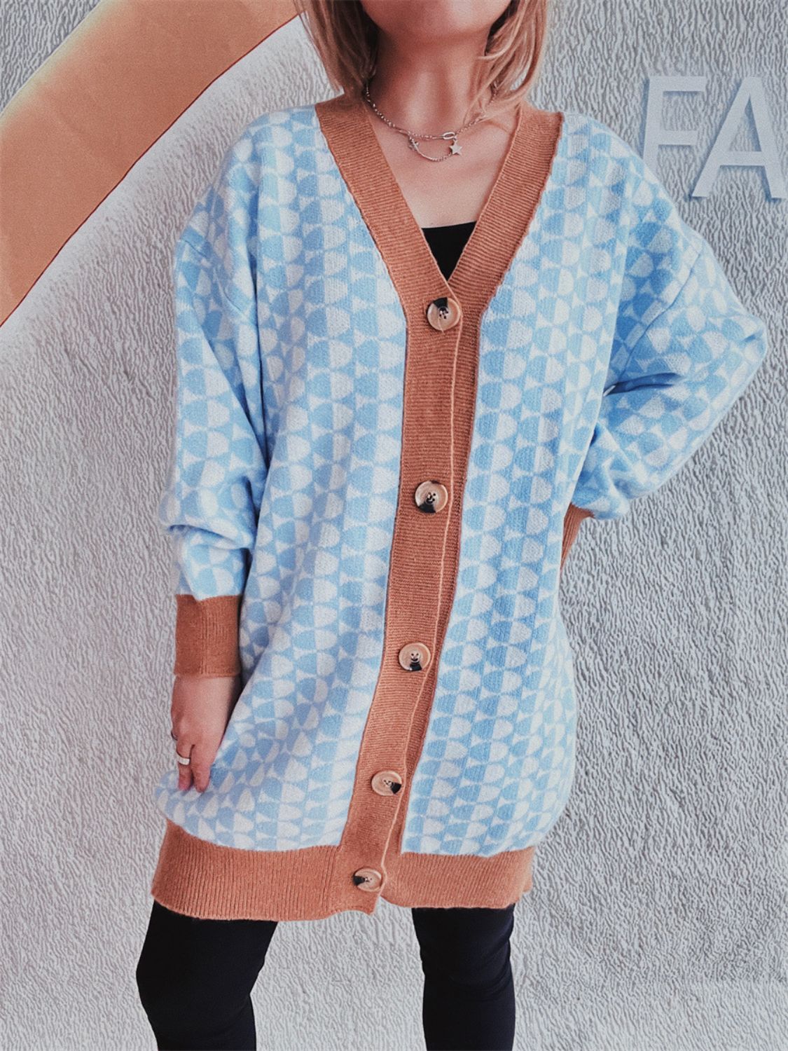 Contrast Trim Geometric Button Down Cardigan-TOPS / DRESSES-[Adult]-[Female]-Ochre-One Size-2022 Online Blue Zone Planet