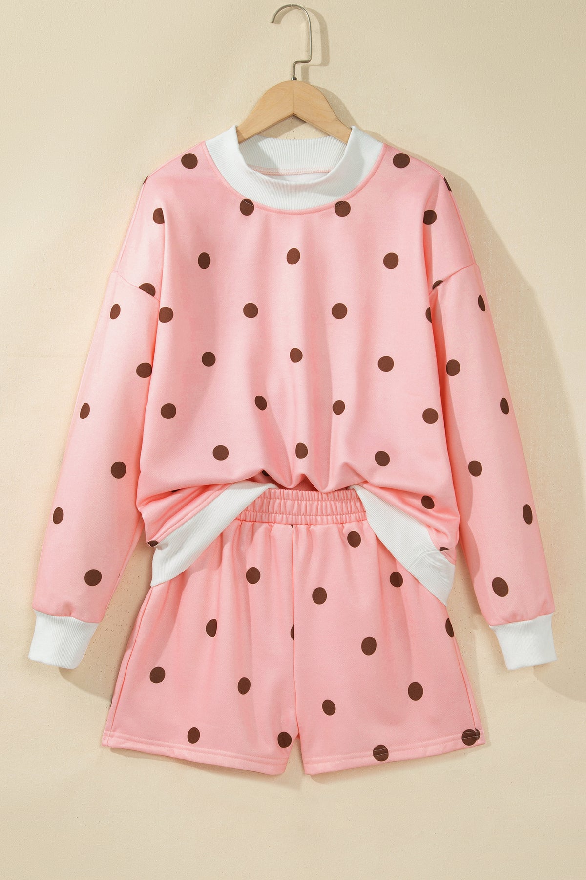 Brown Polka Dot Ribbed Trim Long Sleeve Top Casual Short Set-Two Piece Sets/Short Sets-[Adult]-[Female]-2022 Online Blue Zone Planet