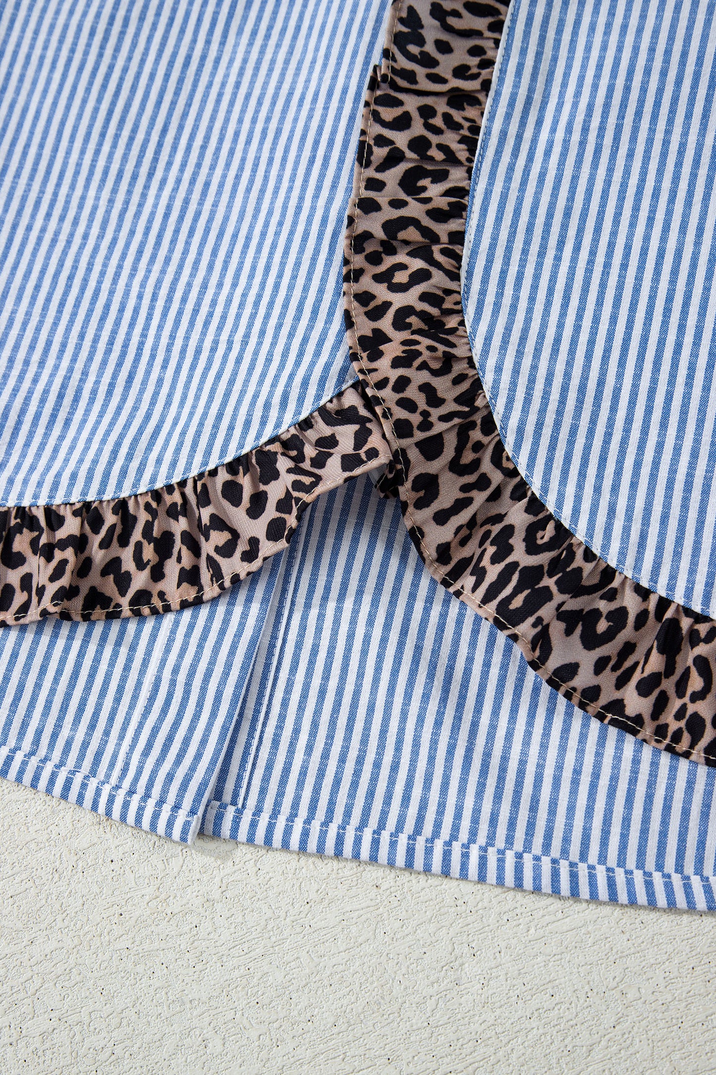 Sky Blue Stripe Contrast Frilled Leopard Trim Casual Long Sleeve Shirt-Tops/Blouses & Shirts-[Adult]-[Female]-2022 Online Blue Zone Planet