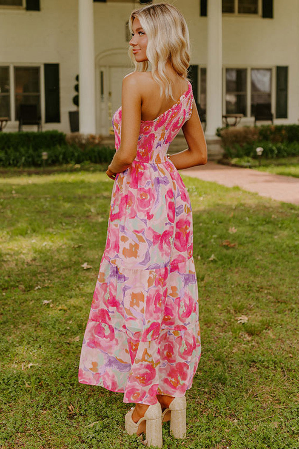 Pink Abstract Floral Print Shirred One Shoulder Maxi Dress-TOPS / DRESSES-[Adult]-[Female]-2022 Online Blue Zone Planet