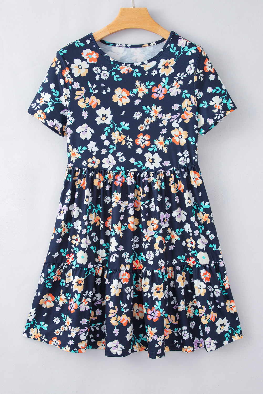 Blue Zone Planet |  Blue Short Sleeve A-line Floral Dress Blue Zone Planet