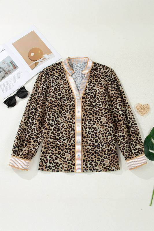 Khaki Contrast Striped Trim V Neck Leopard Shirt-Tops/Blouses & Shirts-[Adult]-[Female]-2022 Online Blue Zone Planet